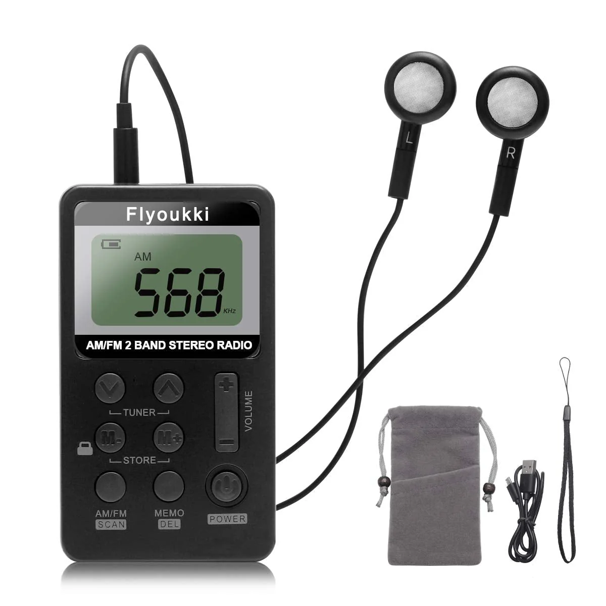 Pocket Small Radio by Flyoukki, Personal Mini AM FM Portable Digital Tuning Transistor Radios with Best Reception, Earphones, Lanyard and Rechargeable Battery for Walking Jogging Exercising (Black) Black