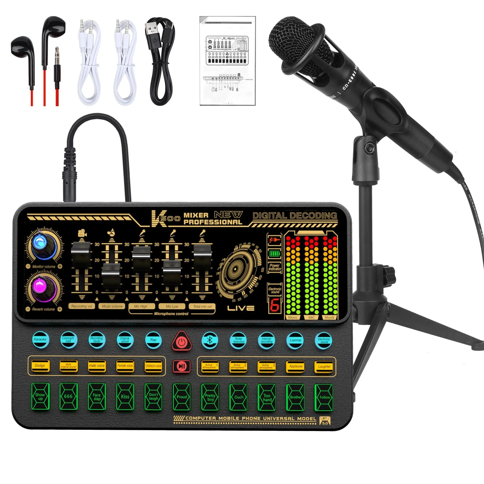 Podcast Equipment Bundle, Basic Audio Interface with Mic and Stand, Denosing, Ducking, Loopback, Easy Used Podcast Bundle for KTV,Streaming,Podcasting, Game, PS5, Gift,YouTube, TikTok(Black) Black
