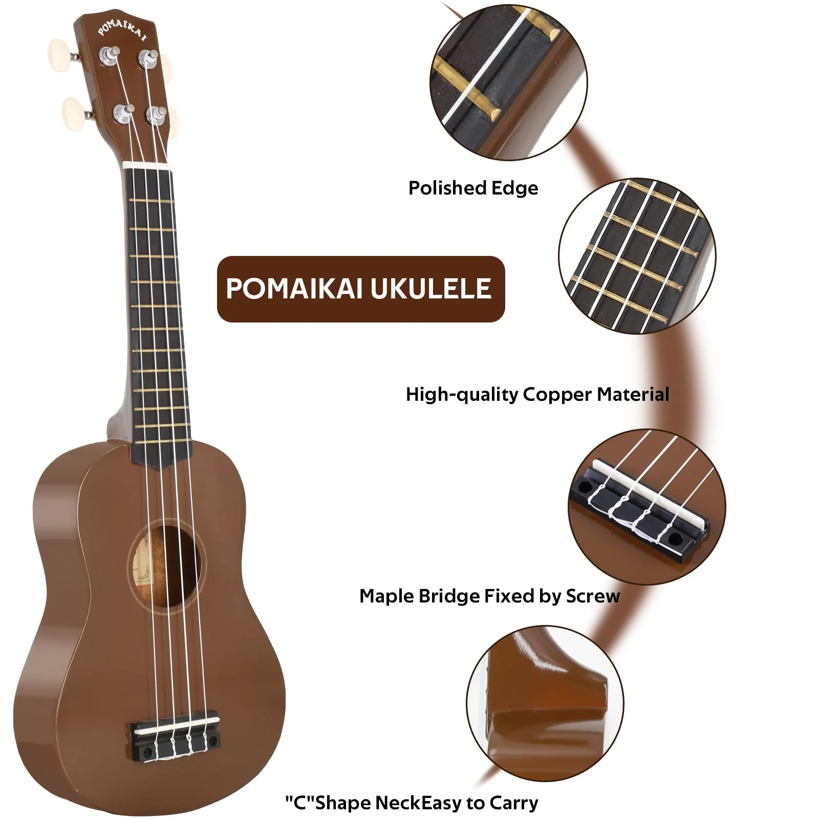 POMAIKAI Soprano Wood Ukulele Starter Uke Hawaii Guitar 21 Inch with Gig Bag for Students and Beginners (Brown) brown - Image 2