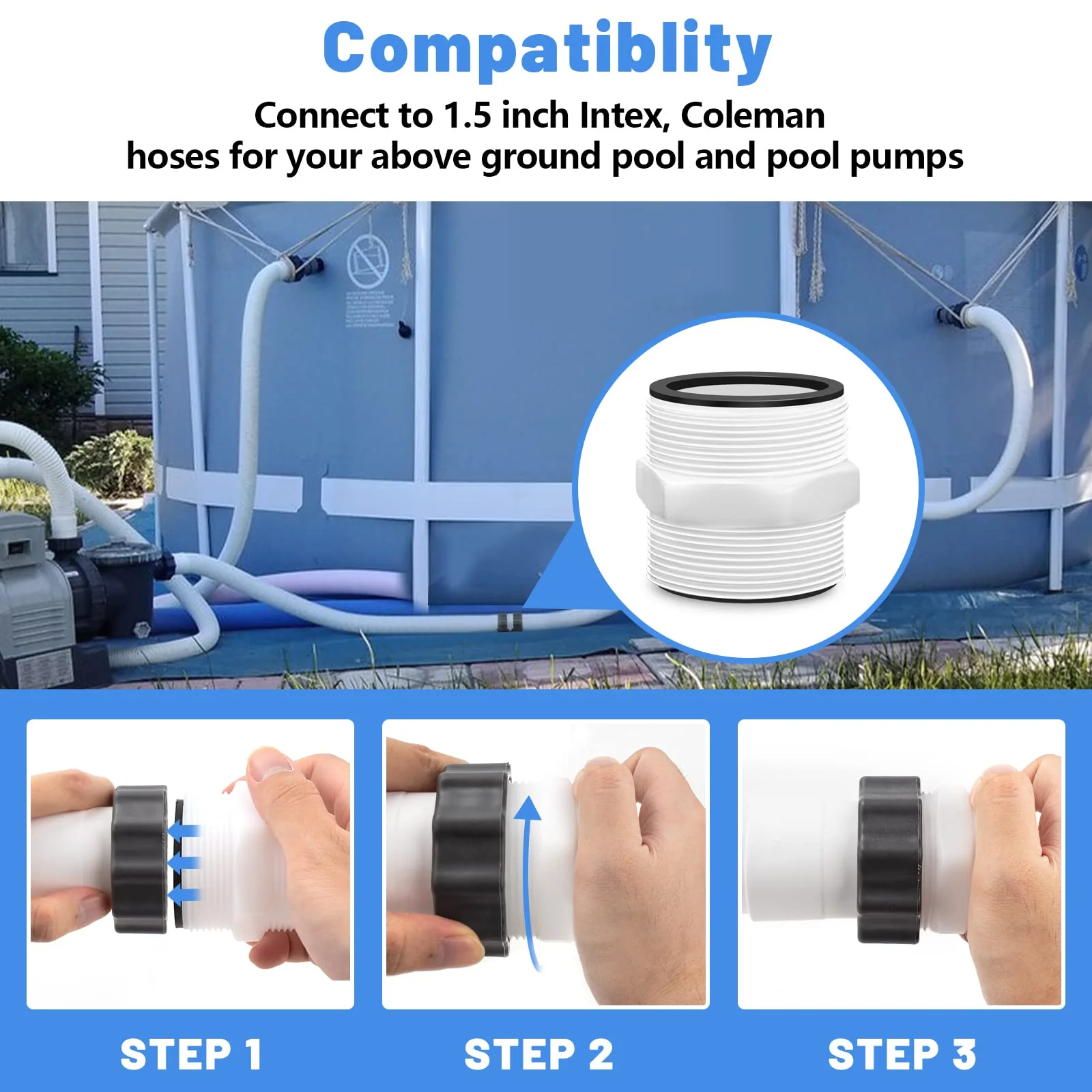 Pool Hose Adapter for Intex & Coleman Pool Split Hose Joint Connector, Swimming Pump 1.5 Inch Pools Drain Adapter Extender with 4 Ring Gaskets for Above Ground Pools Pump Hose Connector - 2 Pack - Image 4