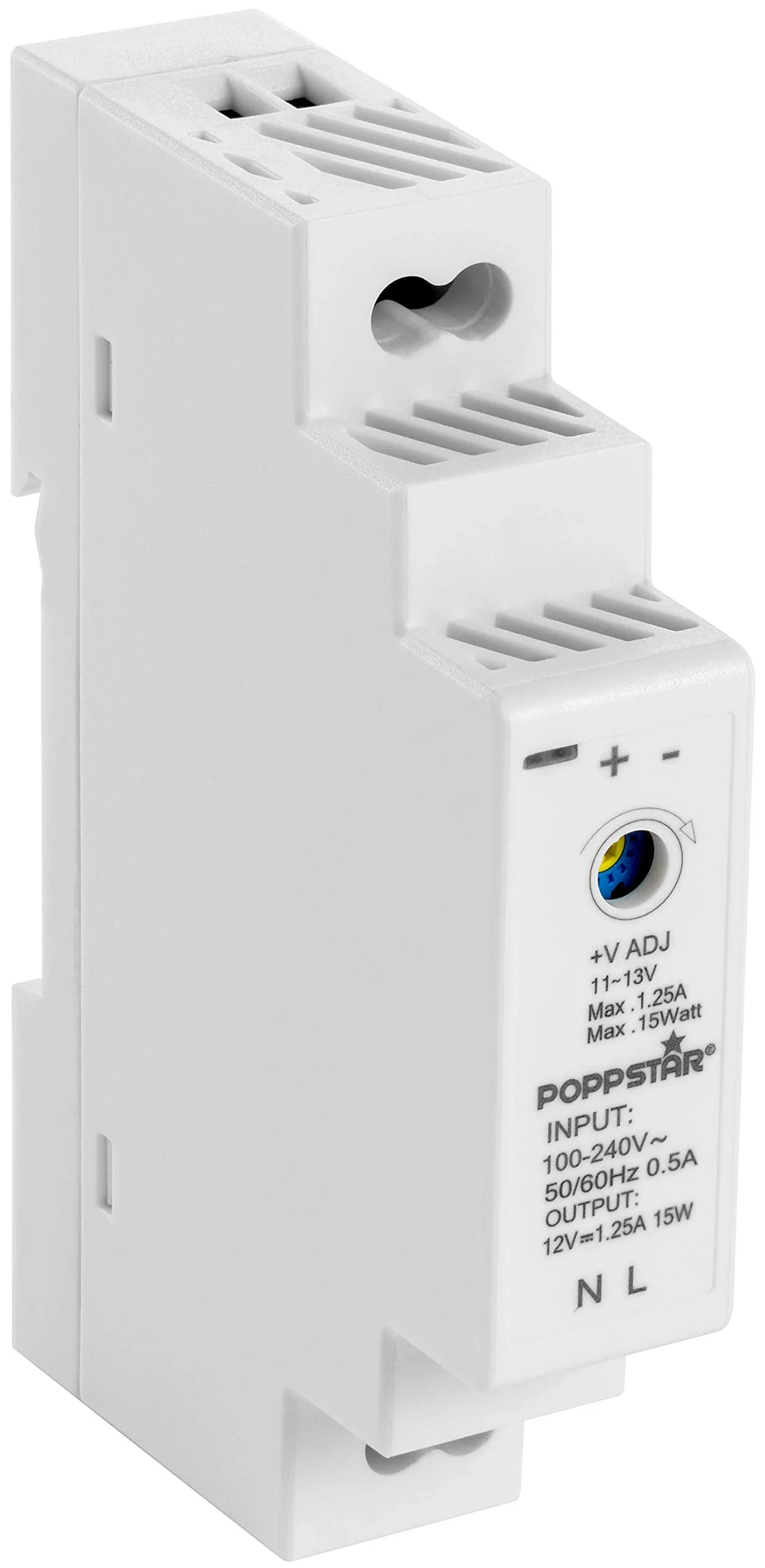 Poppstar Top-Hat Rail Power Supply P-15-12- 12V DC 1.25A 15 W (Input 100-240 V AC 50/60 Hz) 18 x 90 x 58 mm 12 V DC 1,25 A 15 W
