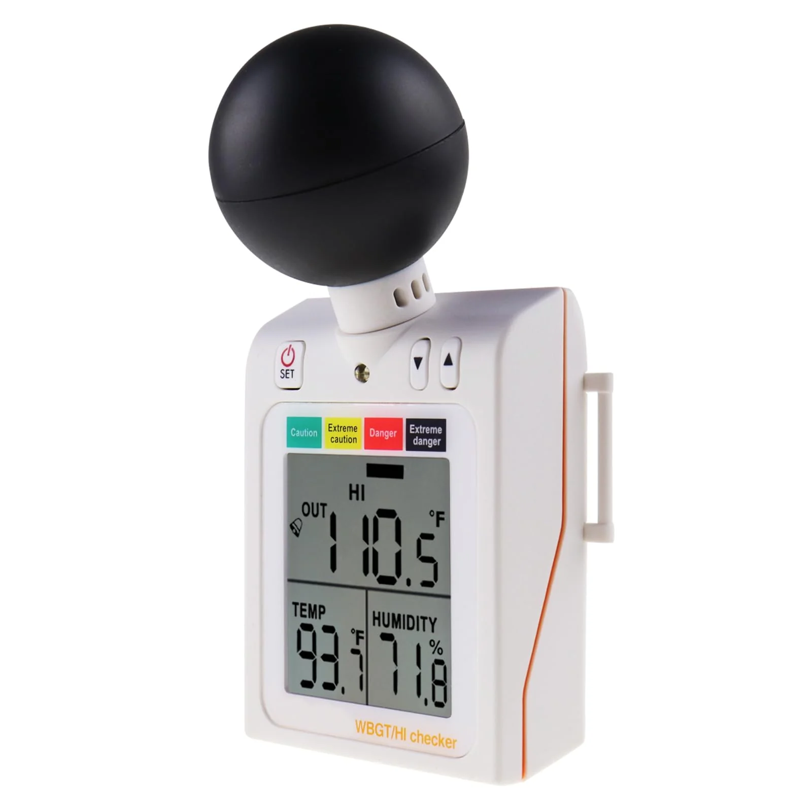 Portable 2 in 1 WBGT + HI Heat Index Checker Wet Ball Globe Temperature Heat Stress Meter Air Temperature Humidity Tester with Acoustic Alarm to Display Dangerous Levels Portable WBGT + HI-Checker