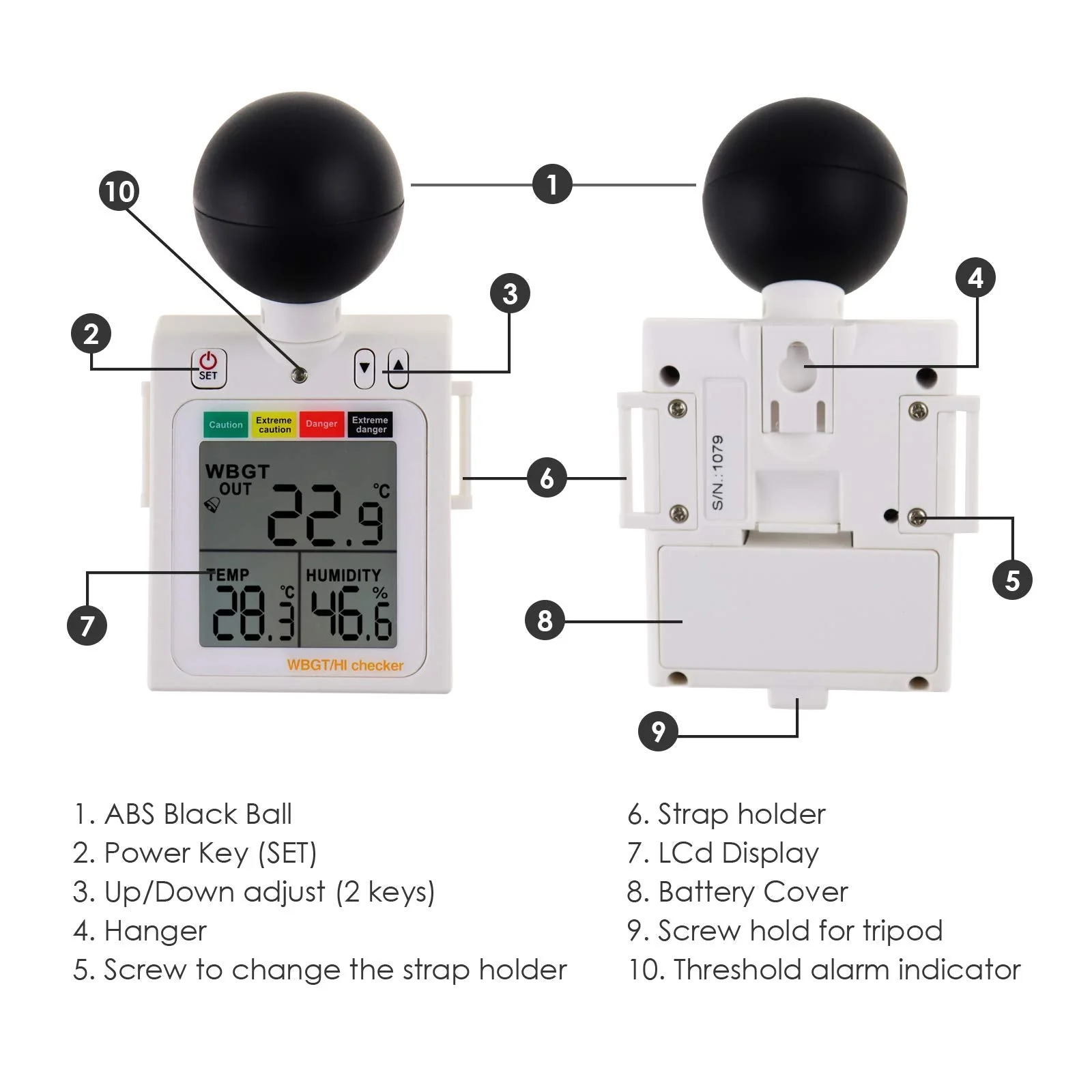 Portable 2 in 1 WBGT + HI Heat Index Checker Wet Ball Globe Temperature Heat Stress Meter Air Temperature Humidity Tester with Acoustic Alarm to Display Dangerous Levels Portable WBGT + HI-Checker - Image 6