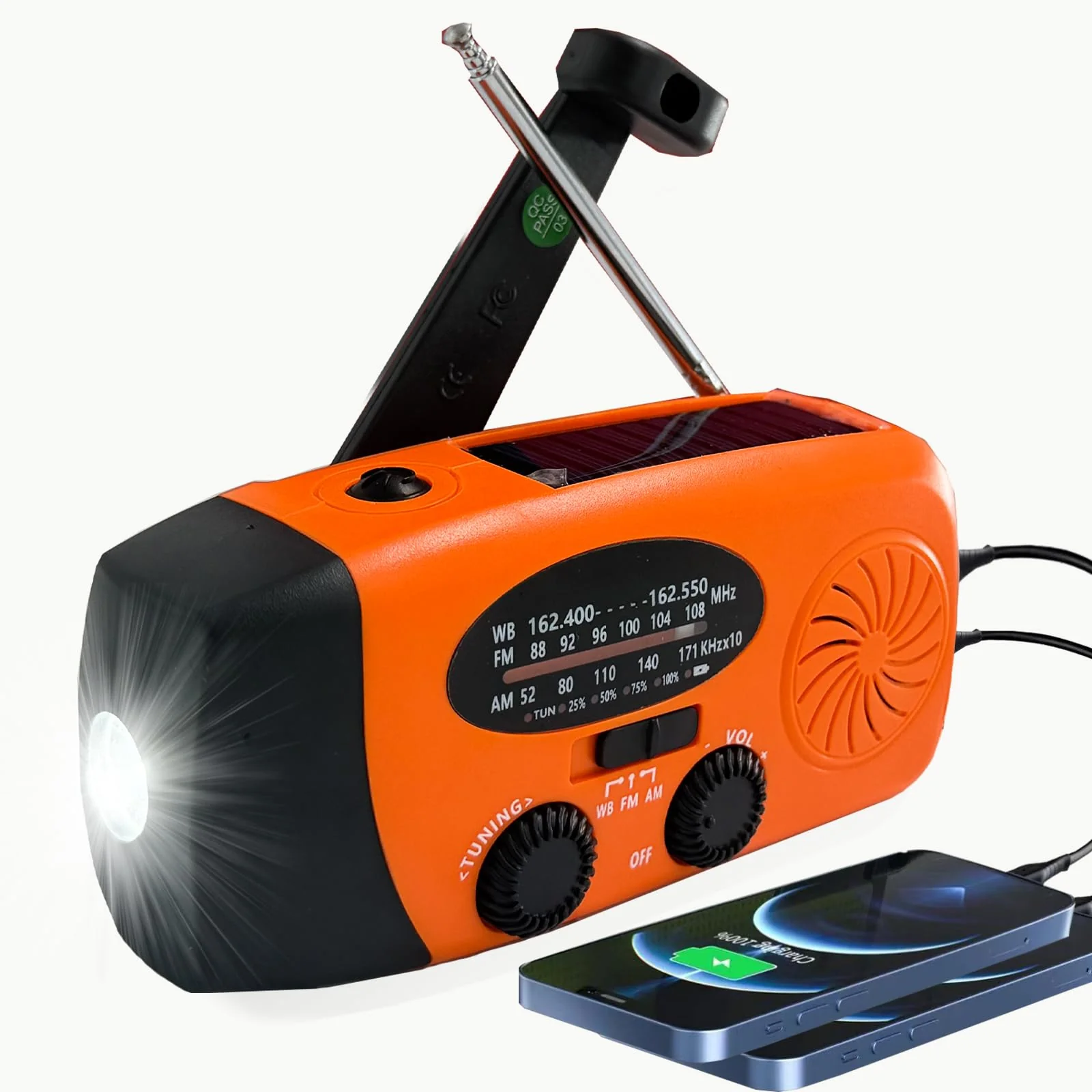 Portable 2000mAh Hand Crank Emergency Solar Panel SOS Weather Radio, Self-Powered 7 NOAA Channels Emergency Radio, WB/AM/FM Radios with Reading Lamp (Orange) Orange