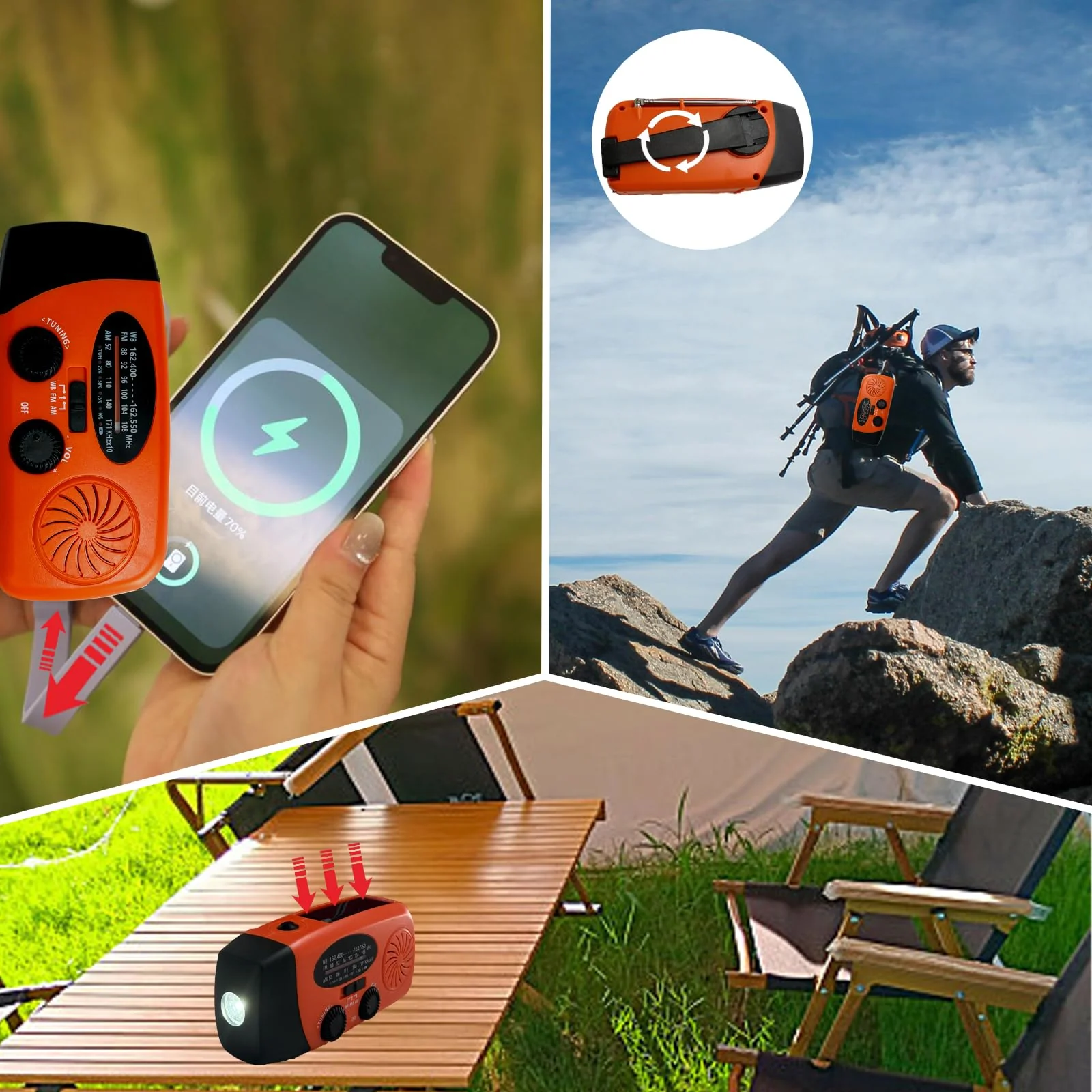 Portable 2000mAh Hand Crank Emergency Solar Panel SOS Weather Radio, Self-Powered 7 NOAA Channels Emergency Radio, WB/AM/FM Radios with Reading Lamp (Orange) Orange - Image 2