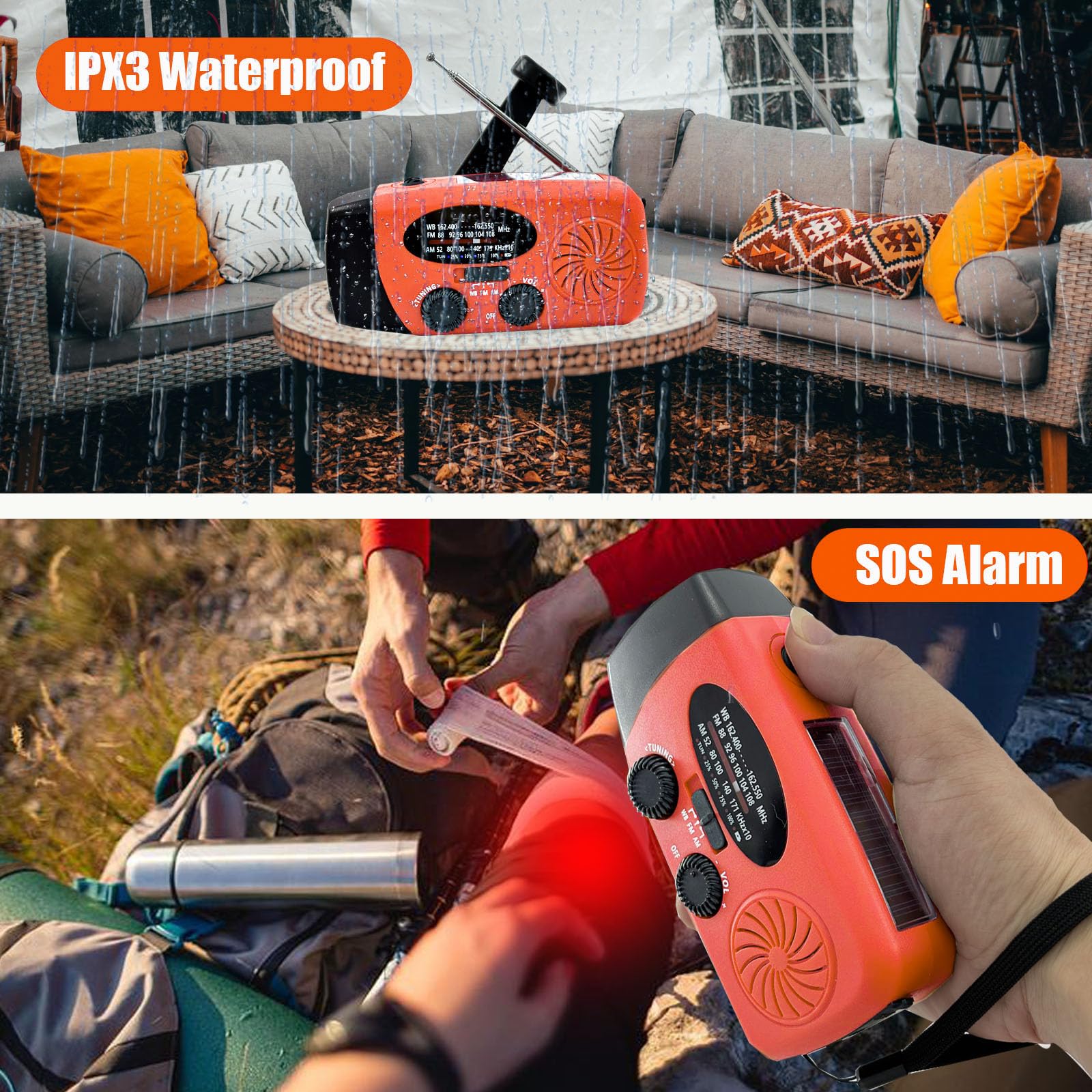 Portable 2000mAh Hand Crank Emergency Solar Panel SOS Weather Radio, Self-Powered 7 NOAA Channels Emergency Radio, WB/AM/FM Radios with Reading Lamp (Orange) Orange - Image 3