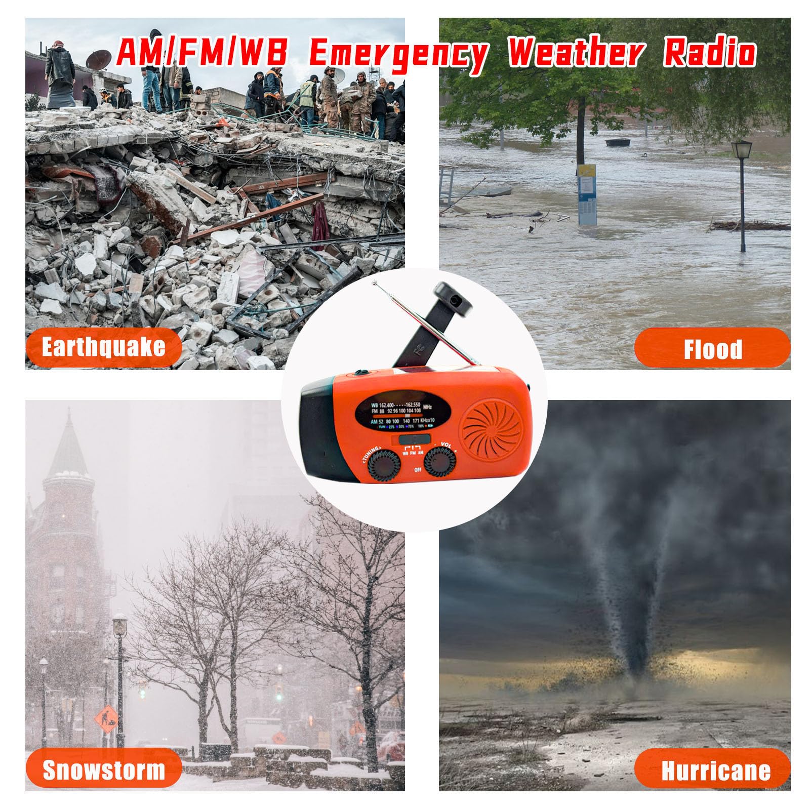 Portable 2000mAh Hand Crank Emergency Solar Panel SOS Weather Radio, Self-Powered 7 NOAA Channels Emergency Radio, WB/AM/FM Radios with Reading Lamp (Orange) Orange - Image 4