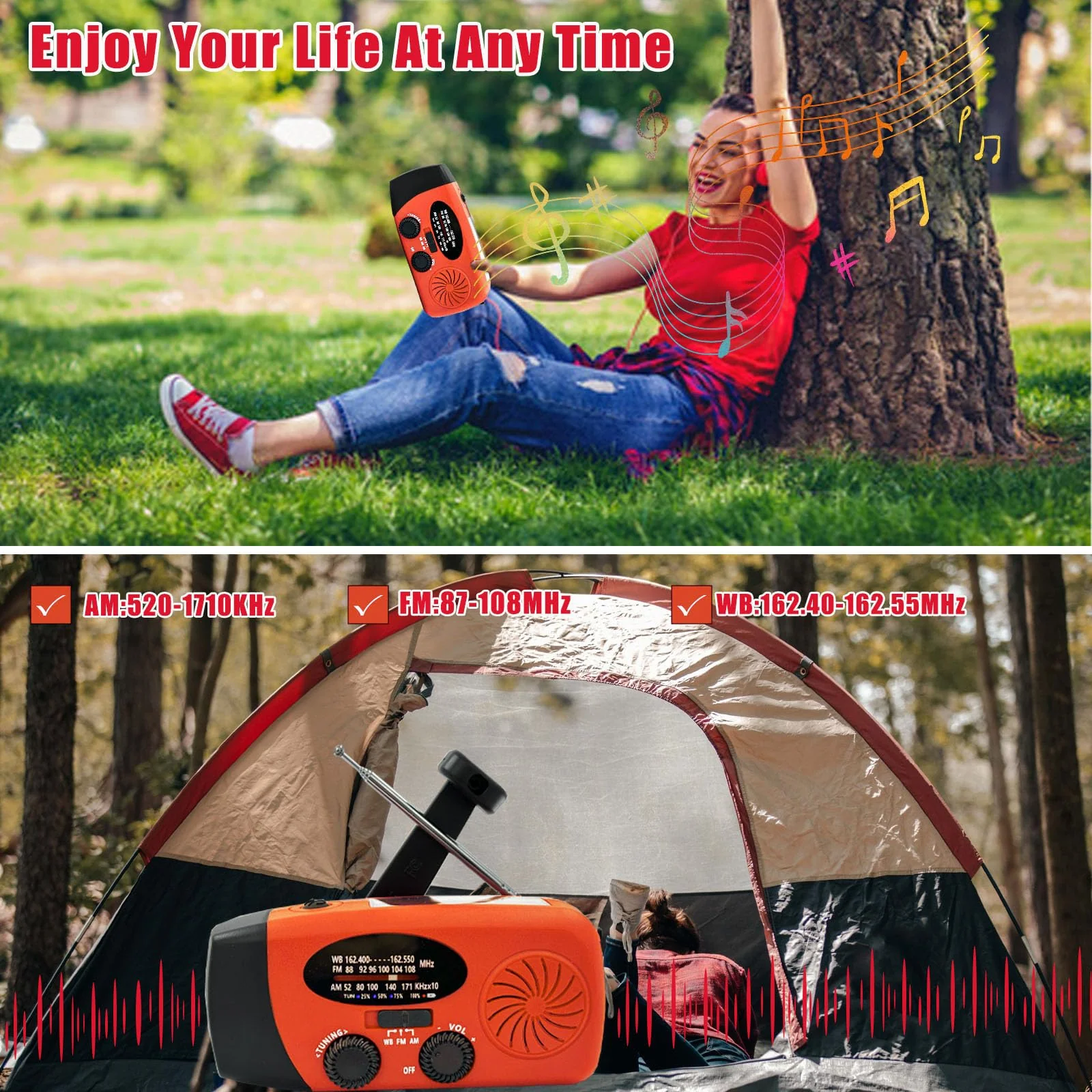 Portable 2000mAh Hand Crank Emergency Solar Panel SOS Weather Radio, Self-Powered 7 NOAA Channels Emergency Radio, WB/AM/FM Radios with Reading Lamp (Orange) Orange - Image 7