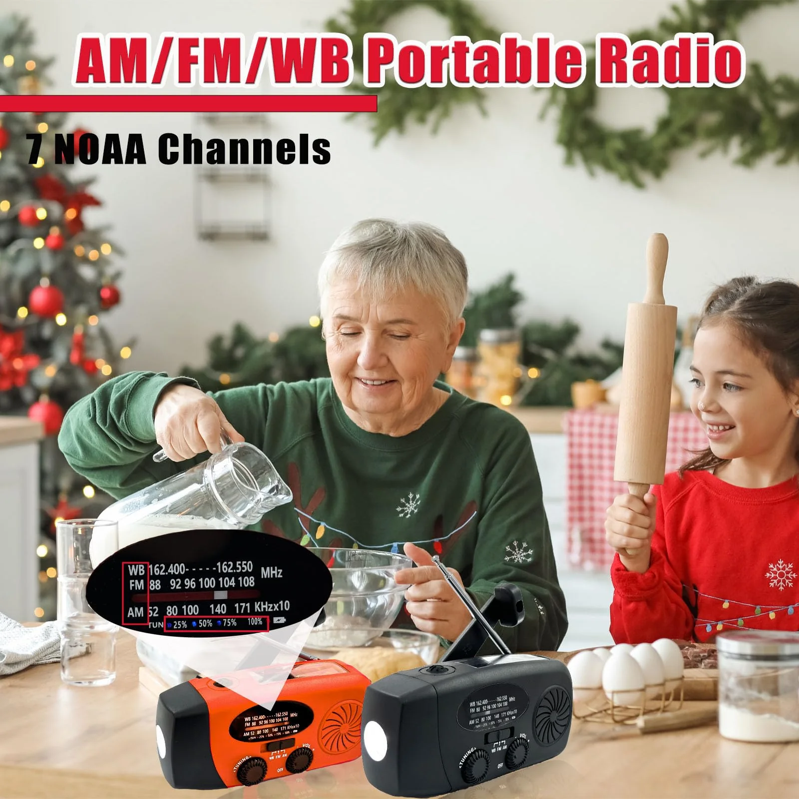 Portable 2000mAh Hand Crank Emergency Solar Panel SOS Weather Radio, Self-Powered 7 NOAA Channels Emergency Radio, WB/AM/FM Radios with Reading Lamp (Orange) Orange - Image 8