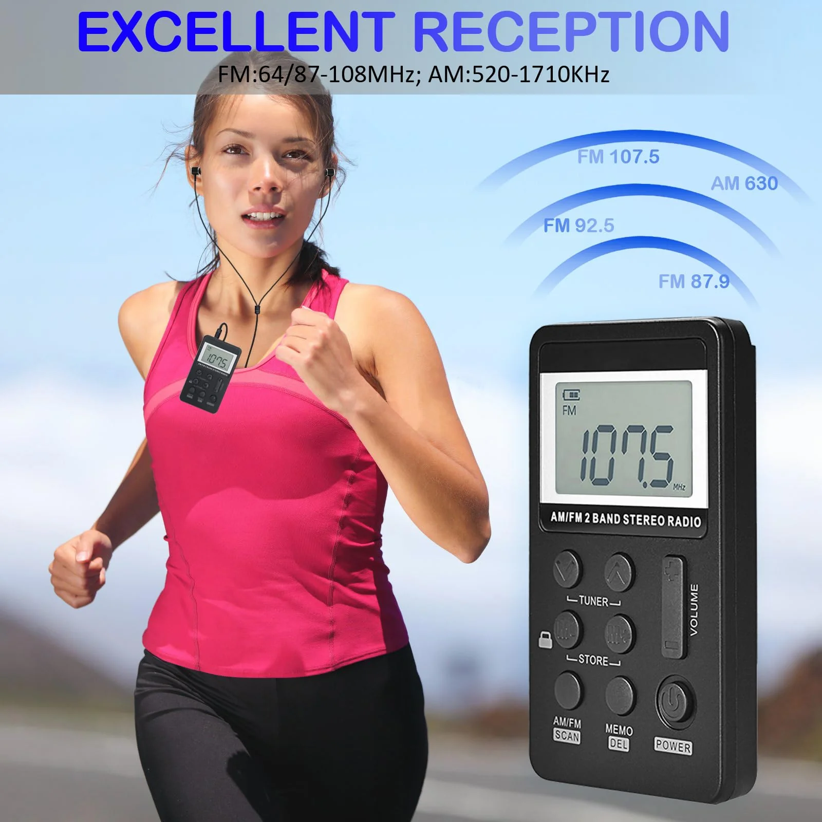 Portable AM/FM Pocket Radio with Digital Tuning LCD Display, SWDSTP Rechargeable Mini Radio with Stereo Earphone and Removable Belt Clip for Walking, Jogging - Image 2