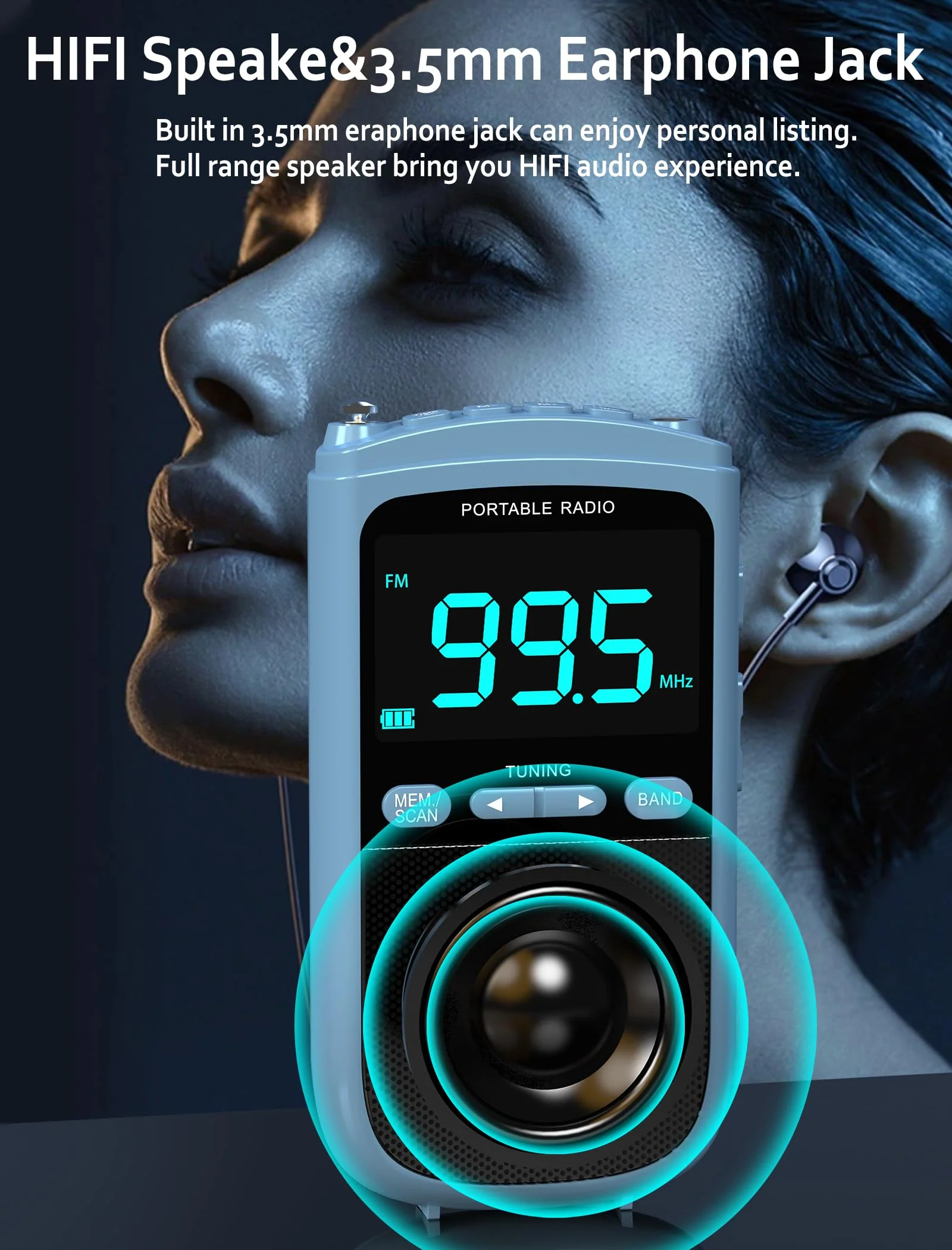 Portable AM/FM/SW Radio with Best Reception,900mAh Walkman with LCD Display, Headphones,Pocket Radio Rechargeable Battery,Digital Tuner and Presets for Walking Blue - Image 5