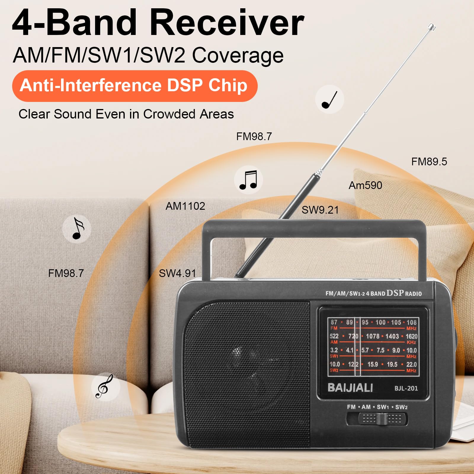 Portable AM/FM/SW1/SW2 Shortwave Radio - Retro Transistor Design with 3W Speaker, Battery Operated for Home Use, Outdoor & Emergency Survival (BJL-201) - Image 2