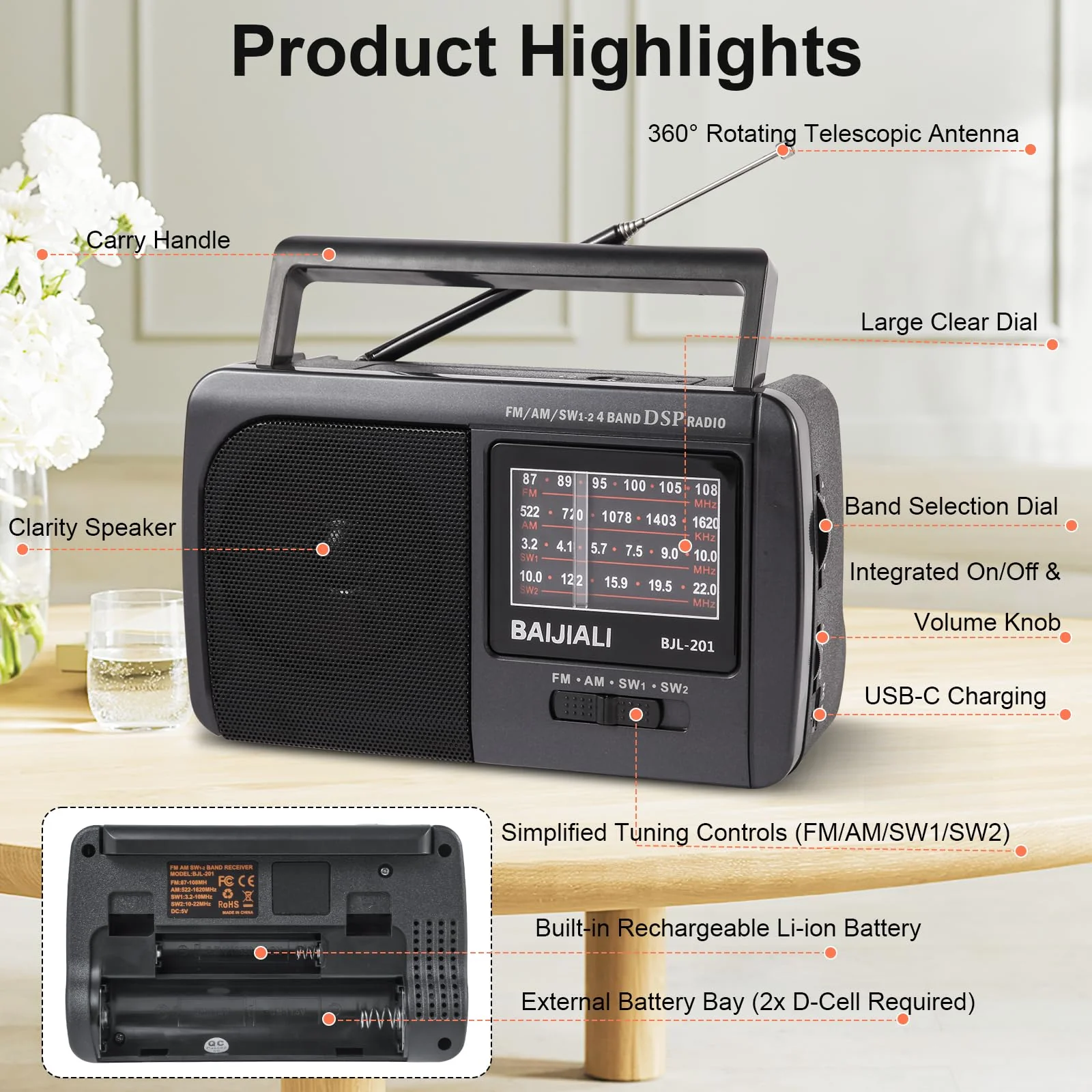 Portable AM/FM/SW1/SW2 Shortwave Radio - Retro Transistor Design with 3W Speaker, Battery Operated for Home Use, Outdoor & Emergency Survival (BJL-201) - Image 3