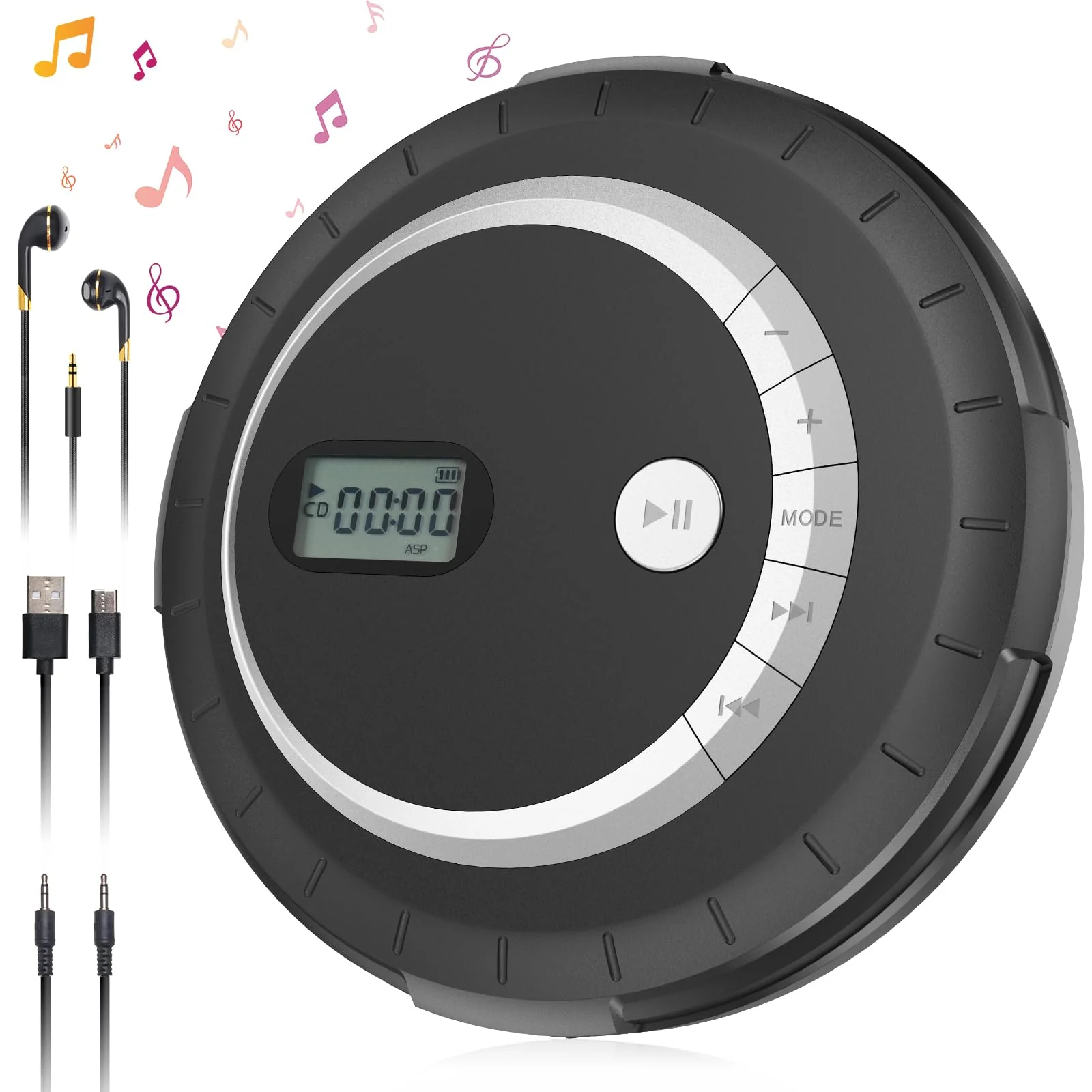 Portable Bluetooth CD Player - Bluetooth CD Player for Car with Anti-Skip Protection, Small Rechargeable CD Player for Home, Walkman CD Player Portable with Headphones with HiFi Stereo Sound Black