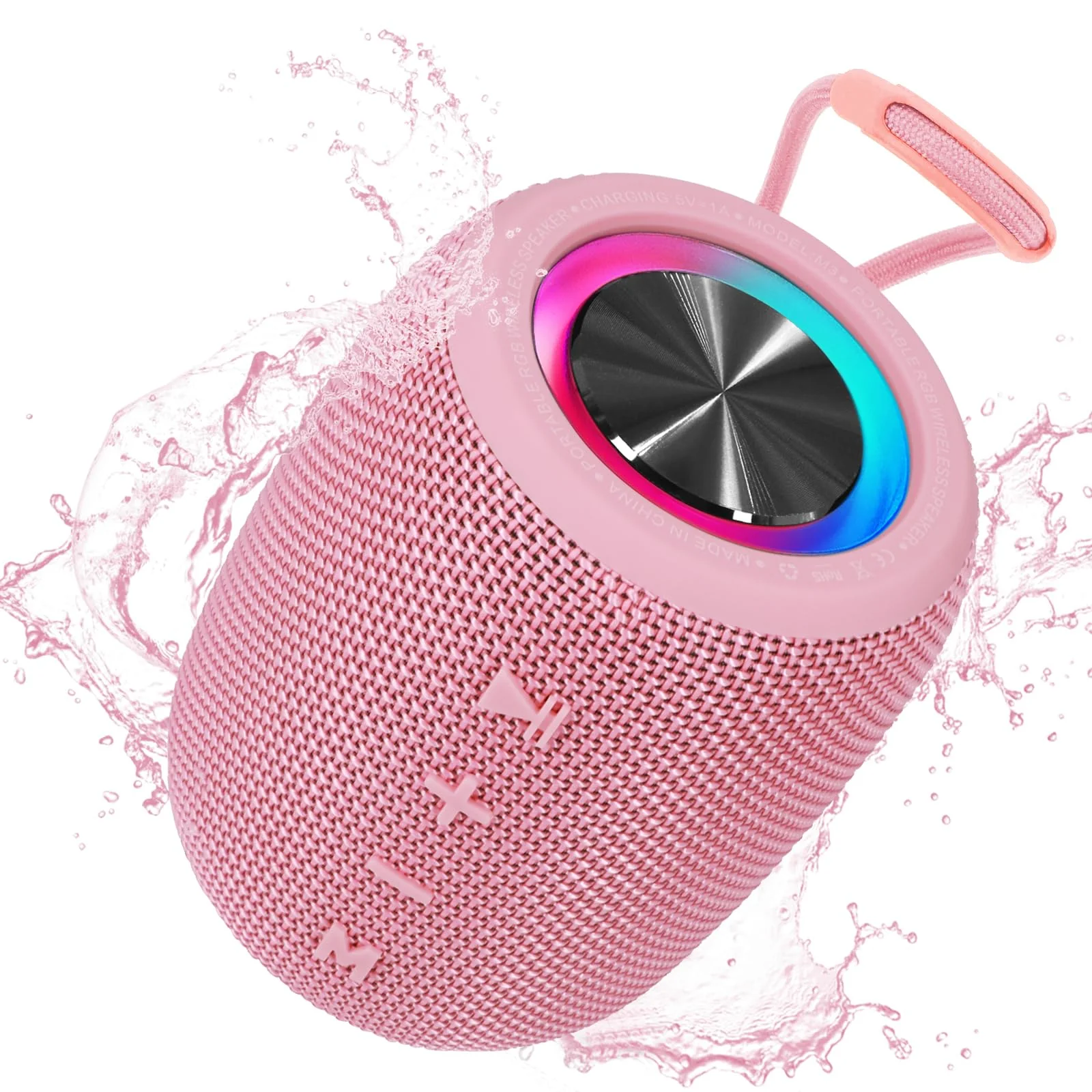 Portable Bluetooth Speaker, BT5.3 Wireless Speaker 20W Bass Diaphragms with Multi LED Light Dynamic Modes, IPX6 Waterproof 16H Playtime supports FM Mode, TF, USB for Home, Cycling, Outdoor, Beach Pink