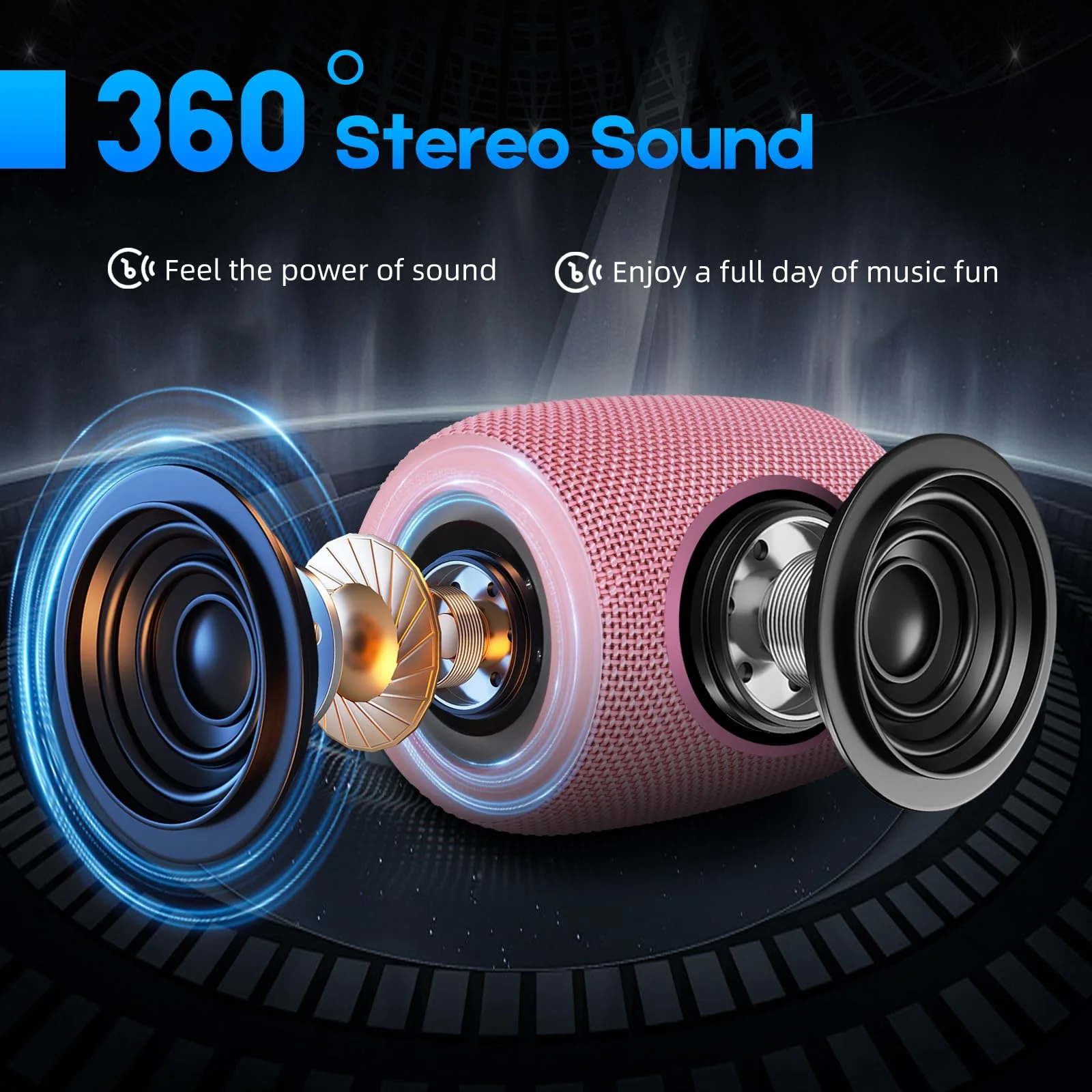 Portable Bluetooth Speaker, BT5.3 Wireless Speaker 20W Bass Diaphragms with Multi LED Light Dynamic Modes, IPX6 Waterproof 16H Playtime supports FM Mode, TF, USB for Home, Cycling, Outdoor, Beach Pink - Image 2