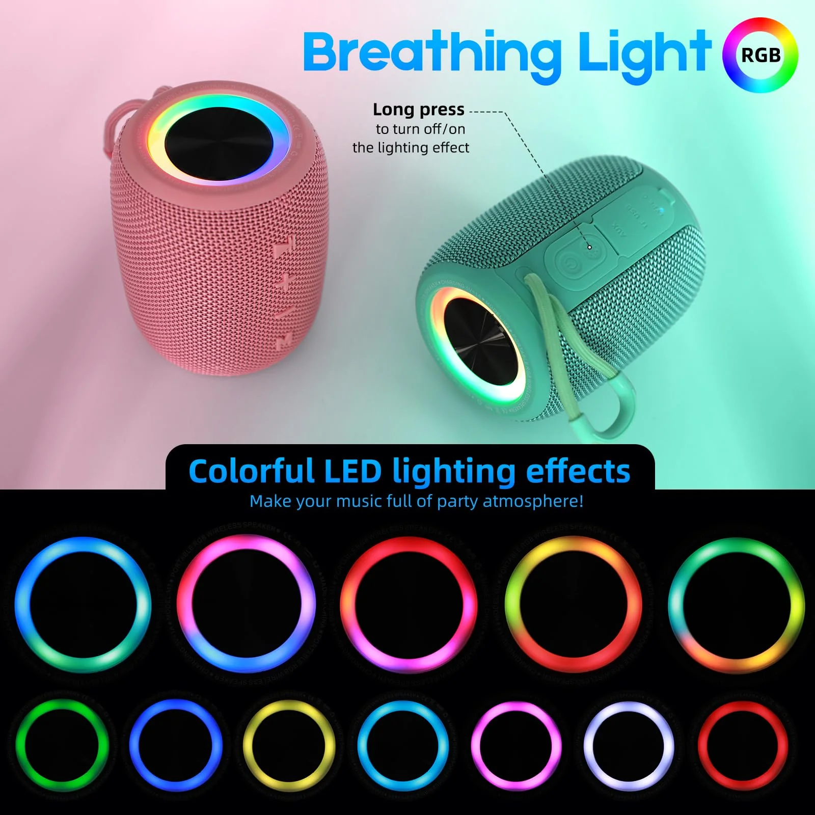 Portable Bluetooth Speaker, BT5.3 Wireless Speaker 20W Bass Diaphragms with Multi LED Light Dynamic Modes, IPX6 Waterproof 16H Playtime supports FM Mode, TF, USB for Home, Cycling, Outdoor, Beach Pink - Image 3
