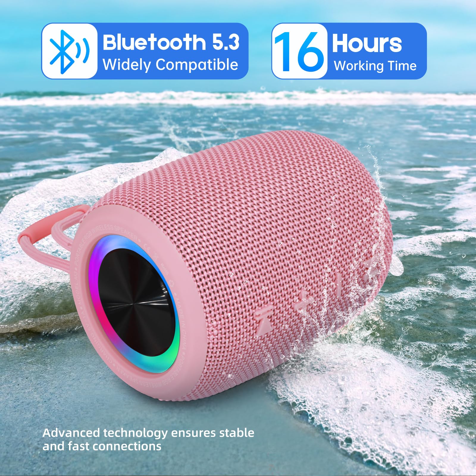 Portable Bluetooth Speaker, BT5.3 Wireless Speaker 20W Bass Diaphragms with Multi LED Light Dynamic Modes, IPX6 Waterproof 16H Playtime supports FM Mode, TF, USB for Home, Cycling, Outdoor, Beach Pink - Image 4