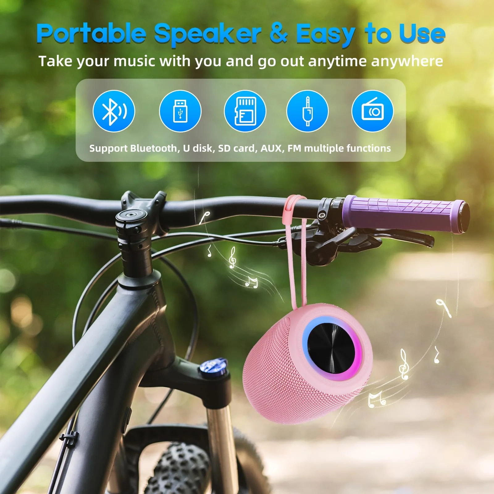 Portable Bluetooth Speaker, BT5.3 Wireless Speaker 20W Bass Diaphragms with Multi LED Light Dynamic Modes, IPX6 Waterproof 16H Playtime supports FM Mode, TF, USB for Home, Cycling, Outdoor, Beach Pink - Image 6
