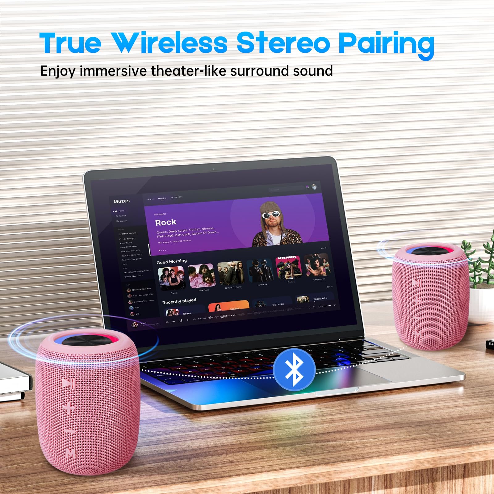 Portable Bluetooth Speaker, BT5.3 Wireless Speaker 20W Bass Diaphragms with Multi LED Light Dynamic Modes, IPX6 Waterproof 16H Playtime supports FM Mode, TF, USB for Home, Cycling, Outdoor, Beach Pink - Image 7