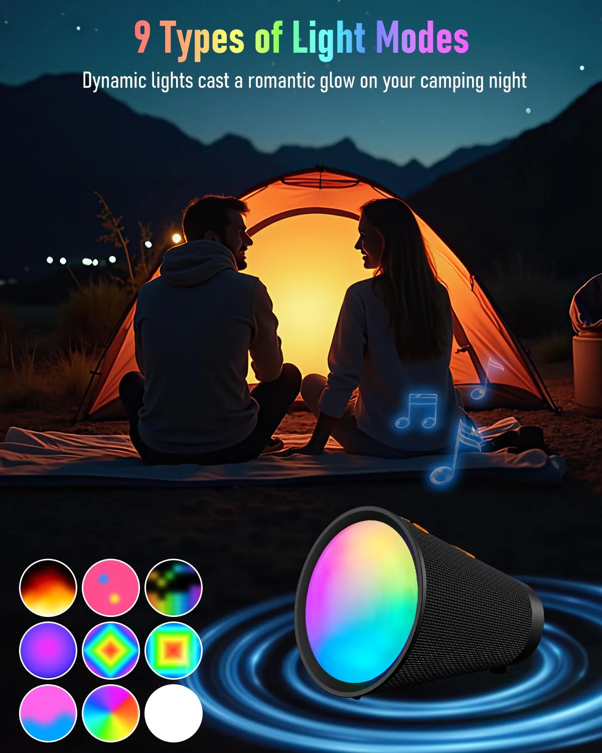 Portable Bluetooth Speaker Wireless with 9 Color Lights, 20H Playtime, Stereo Pairing, Deep Bass, IPX6 Waterproof, Bluetooth 5.3, Small Speaker for Home, Party, Outdoor, Camping, Beach, Gift Black - Image 3