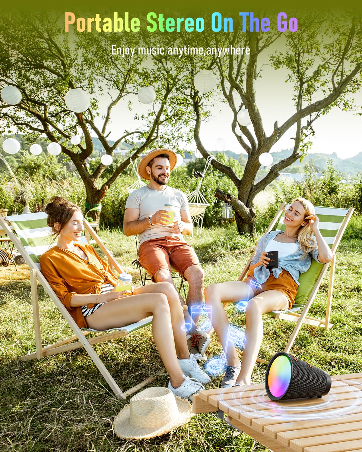 Portable Bluetooth Speaker Wireless with 9 Color Lights, 20H Playtime, Stereo Pairing, Deep Bass, IPX6 Waterproof, Bluetooth 5.3, Small Speaker for Home, Party, Outdoor, Camping, Beach, Gift Black - Image 7