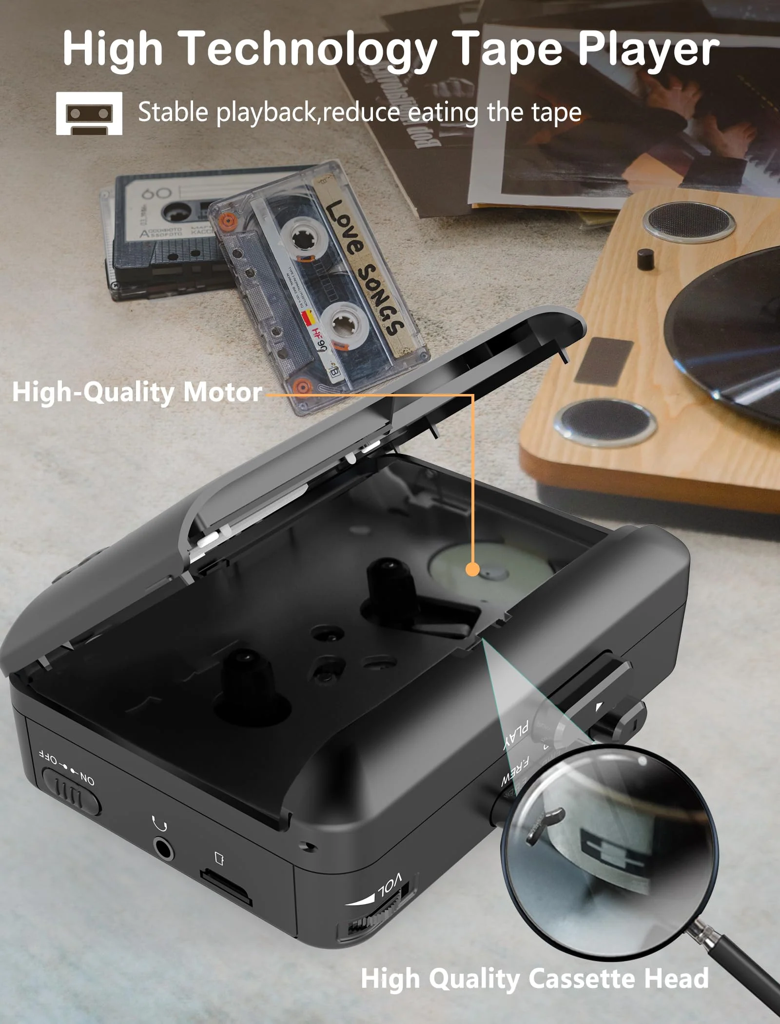 Portable Cassette Player,Cassette to MP3 via SD Card, Walkman Cassette Tape Player with 1000mah Rechargeable Battery,Built-in Microphone&Speaker,Headphone Jack,16GB SD Card(Black) Black - Image 3