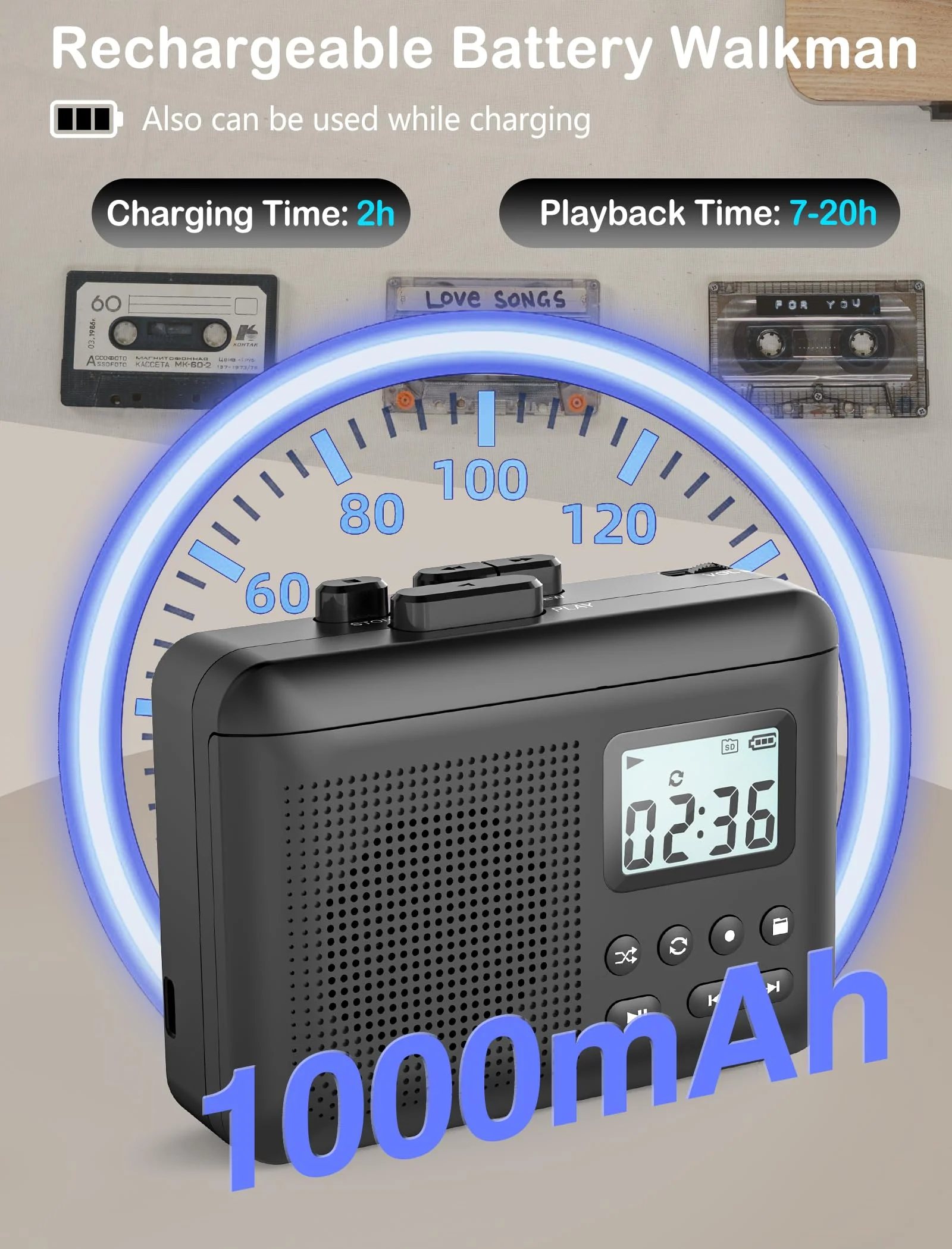 Portable Cassette Player,Cassette to MP3 via SD Card, Walkman Cassette Tape Player with 1000mah Rechargeable Battery,Built-in Microphone&Speaker,Headphone Jack,16GB SD Card(Black) Black - Image 7