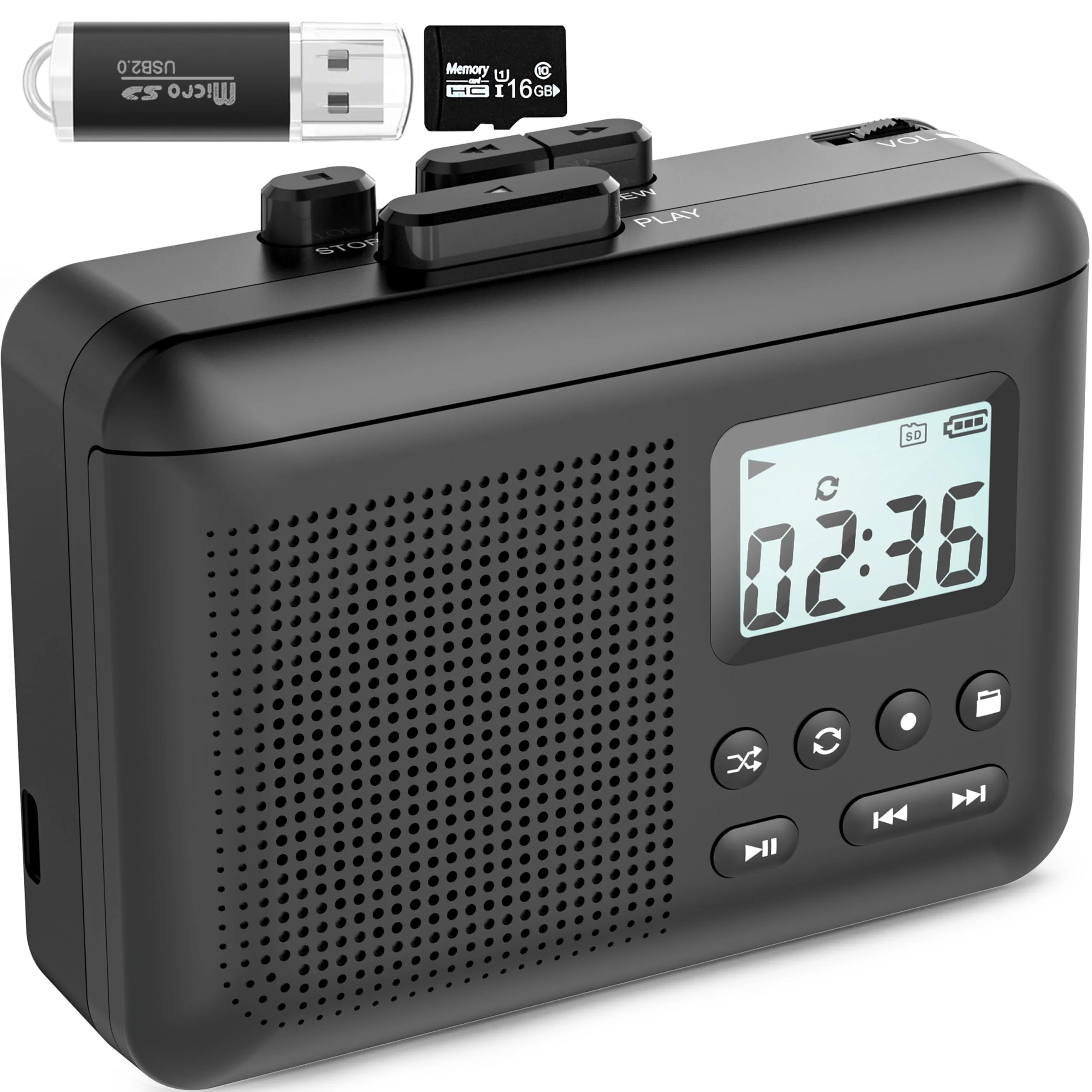 Portable Cassette Player Recorder Converter,Cassette to MP3 via SD Card, Walkman Cassette Tape Player with 1000mah Rechargeable Battery,Built-in Microphone&Speaker,Headphone Jack,16GB SD Card(Black) Black