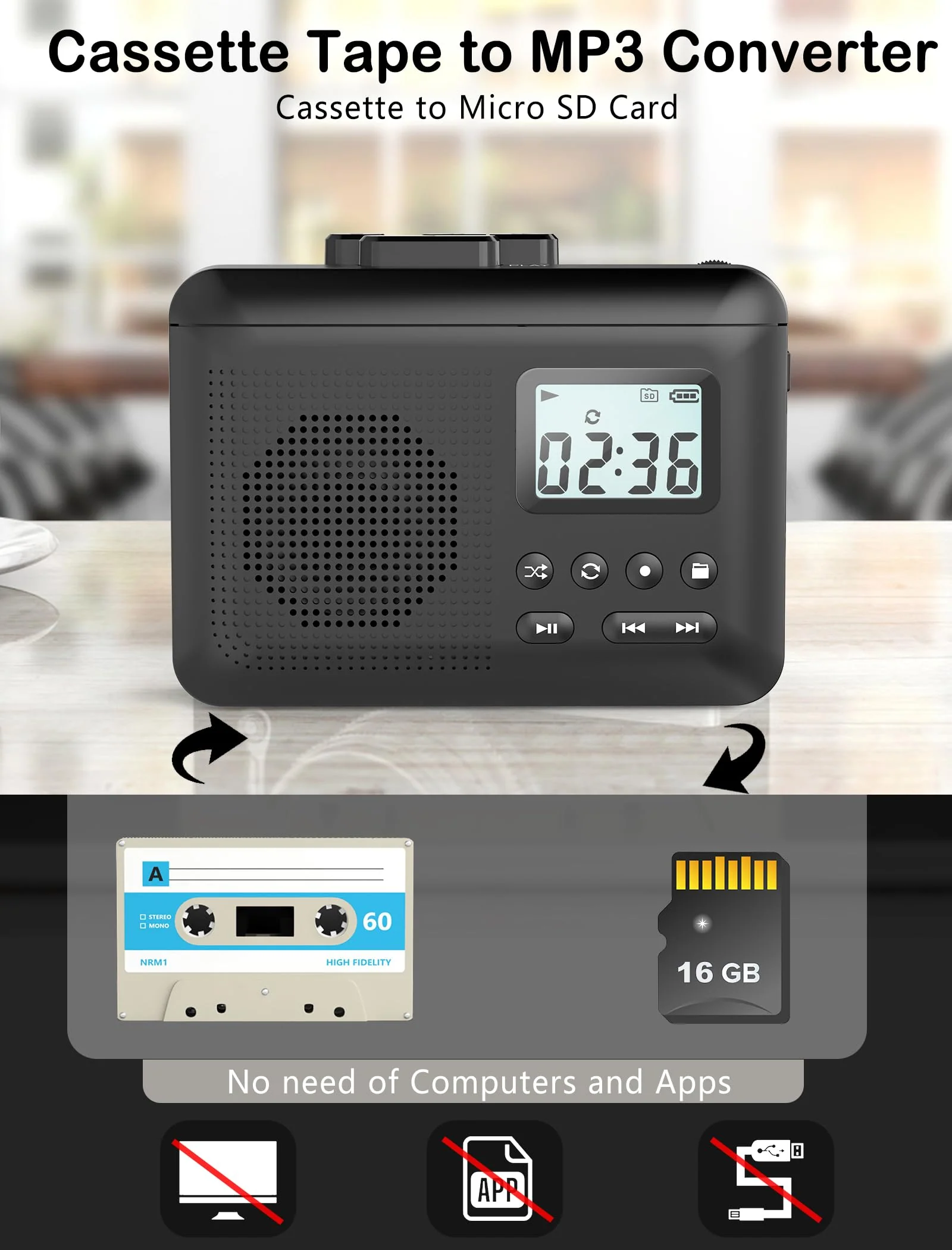 Portable Cassette Player Recorder Converter,Cassette to MP3 via SD Card, Walkman Cassette Tape Player with 1000mah Rechargeable Battery,Built-in Microphone&Speaker,Headphone Jack,16GB SD Card(Black) Black - Image 2