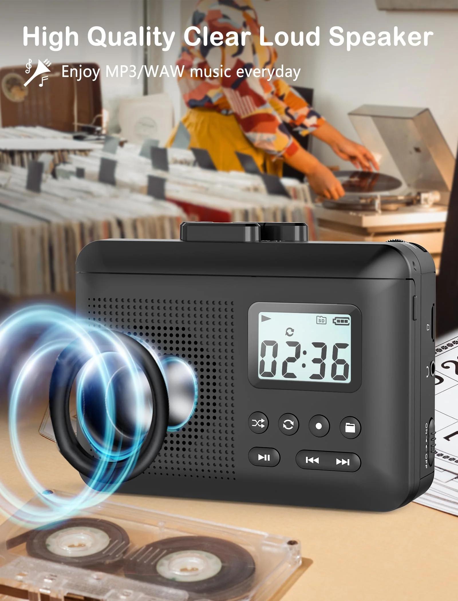 Portable Cassette Player Recorder Converter,Cassette to MP3 via SD Card, Walkman Cassette Tape Player with 1000mah Rechargeable Battery,Built-in Microphone&Speaker,Headphone Jack,16GB SD Card(Black) Black - Image 5