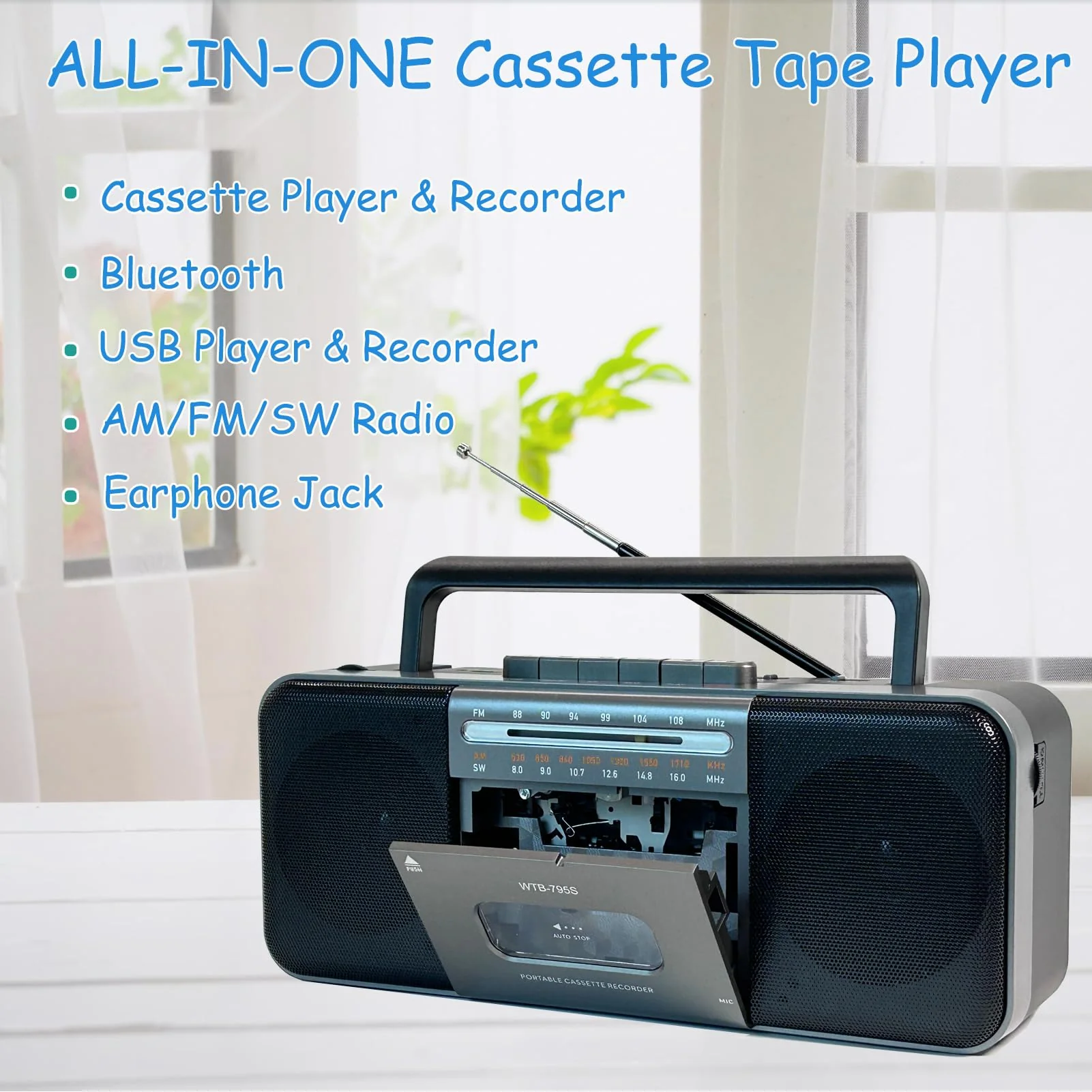 Portable Cassette Tape Player Recorder,AM/FM/SW Radio Stereo with Bluetooth,USB/SD, Big 10W Speaker,Record to Cassette/U Disk/SD Card via Mic, MP3 Converter, Earphone Jack,AC/DC Powered Black - Image 2