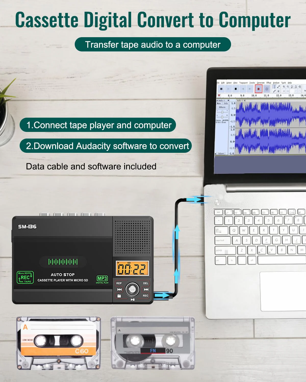 Portable Cassette Tape Player Recorder, Walkman Audio Cassette to Digital Converter via USB C or SD Card, LCD Dispaly, Build-in Microphone, Headphone Jack, Speaker, 16GB SD Card - Image 3