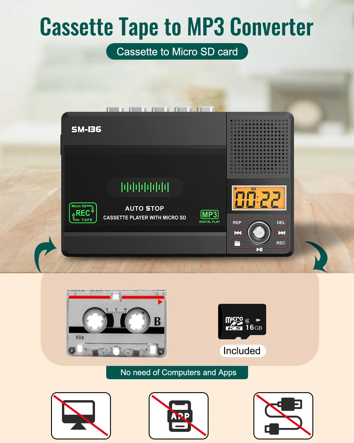 Portable Cassette Tape Player Recorder, Walkman Audio Cassette to Digital Converter via USB C or SD Card, LCD Dispaly, Build-in Microphone, Headphone Jack, Speaker, 16GB SD Card - Image 4