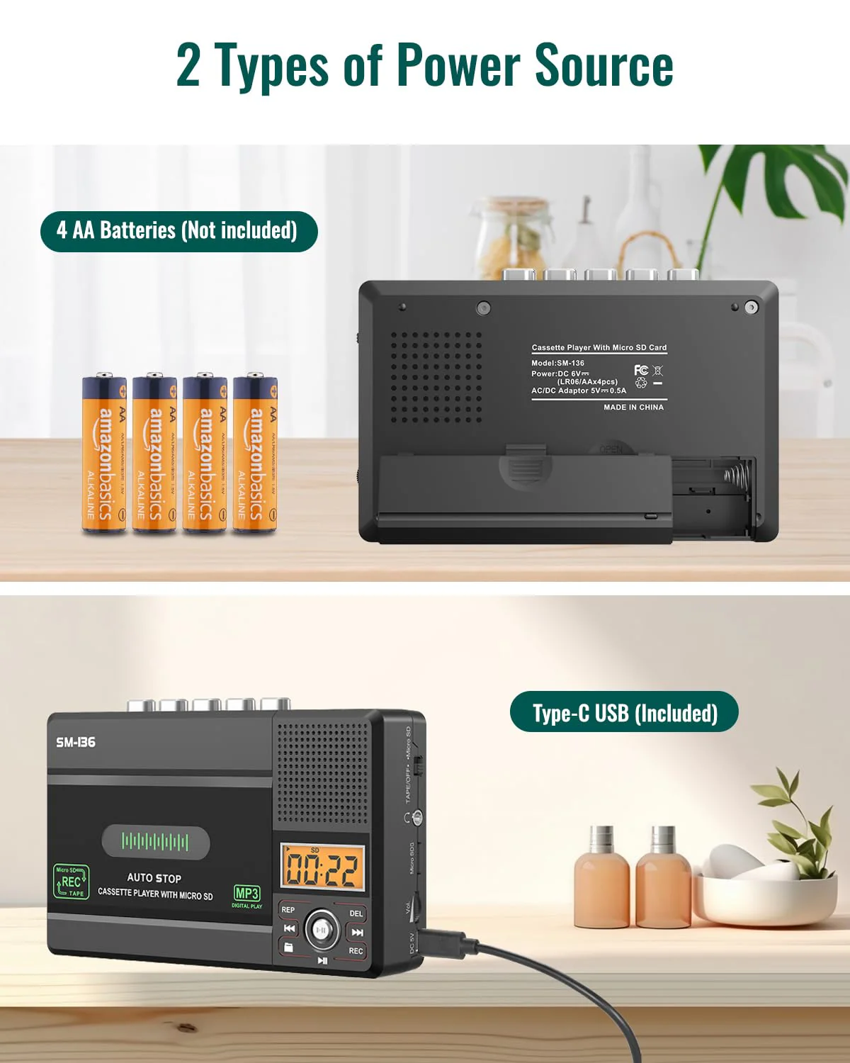 Portable Cassette Tape Player Recorder, Walkman Audio Cassette to Digital Converter via USB C or SD Card, LCD Dispaly, Build-in Microphone, Headphone Jack, Speaker, 16GB SD Card - Image 7