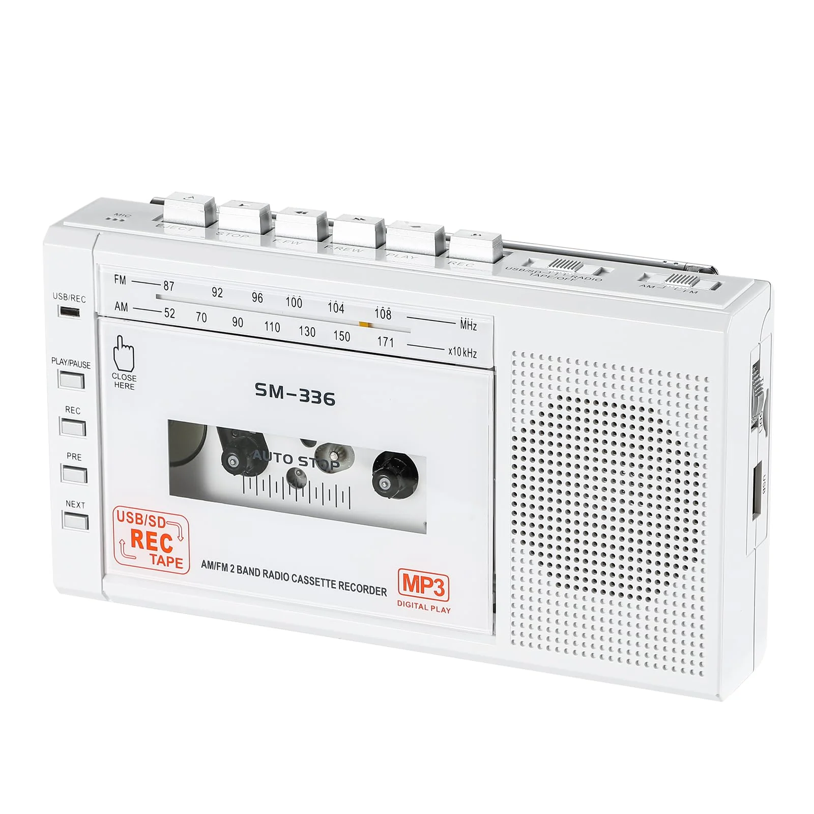 Portable Cassette Tape Player to Digital Converter via USB/SD Card, Record to Cassette/U Disk/SD Card via Mic, Power by AC or AA Battery, Portable Cassette Recorder with Speaker and Headphone Jack White