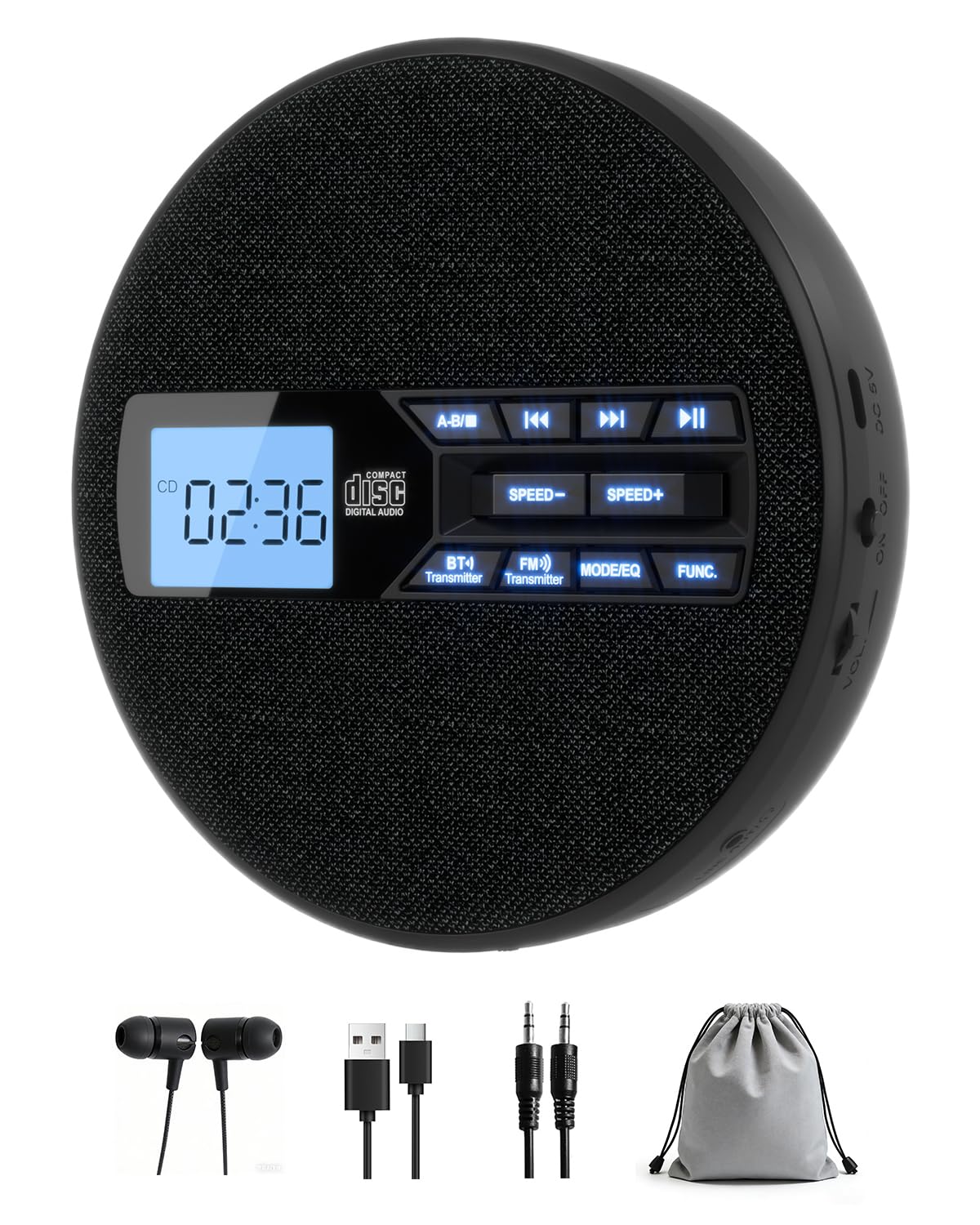 Portable CD Player for Car with FM Transmitter, Rechargeable Small CD Player with Bluetooth & Dual Speakers for Home, Anti-Skip, Resume Playback, AUX/USB, Backlit LCD Display, Headphones