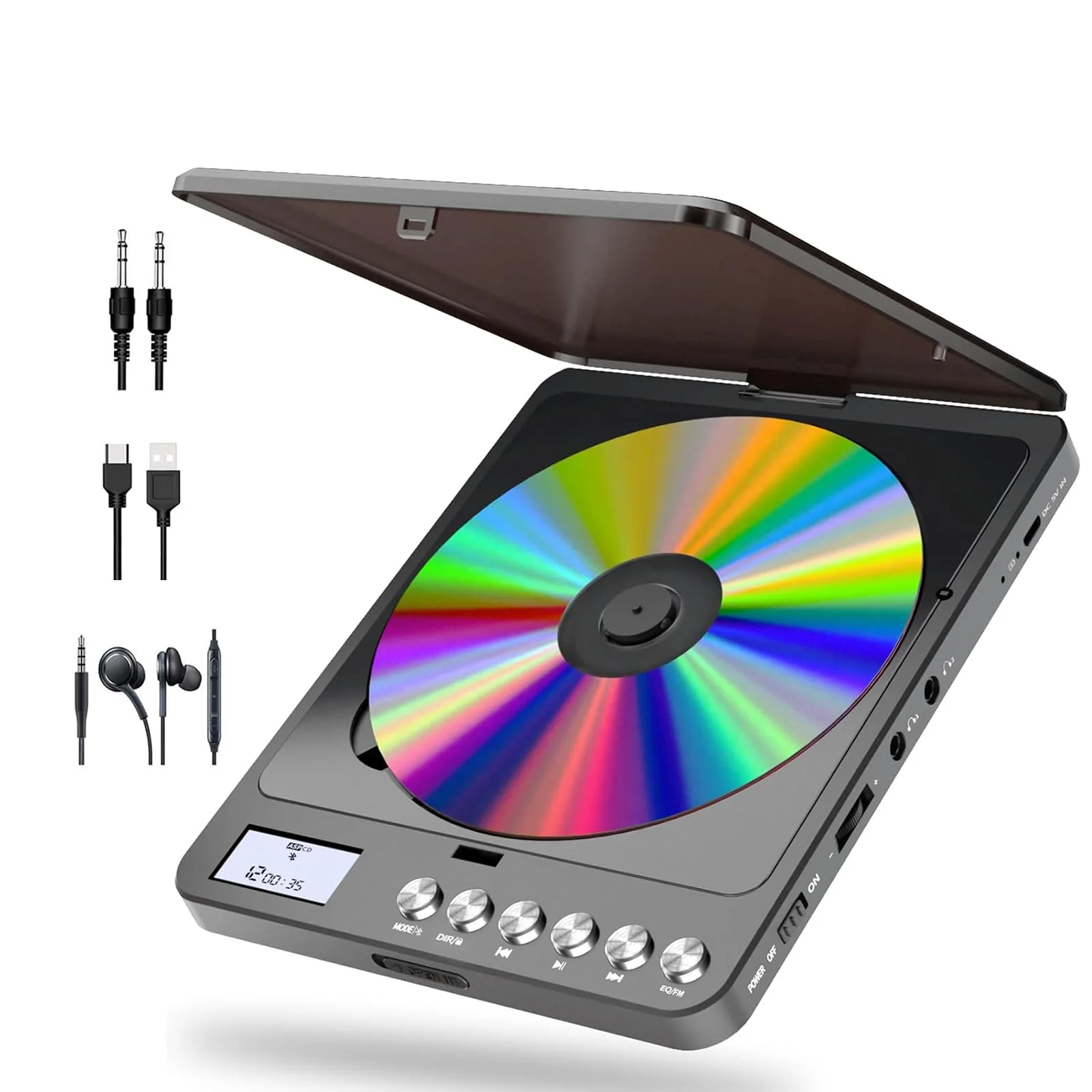 Portable CD Player with Bluetooth and FM Transmitter, 2000mAh Rechargeable Bluetooth CD Players with Speakers Dual Headphones Jack Anti-Skip cd Player for Car Home Adults Kids 766-Bluetooth Black