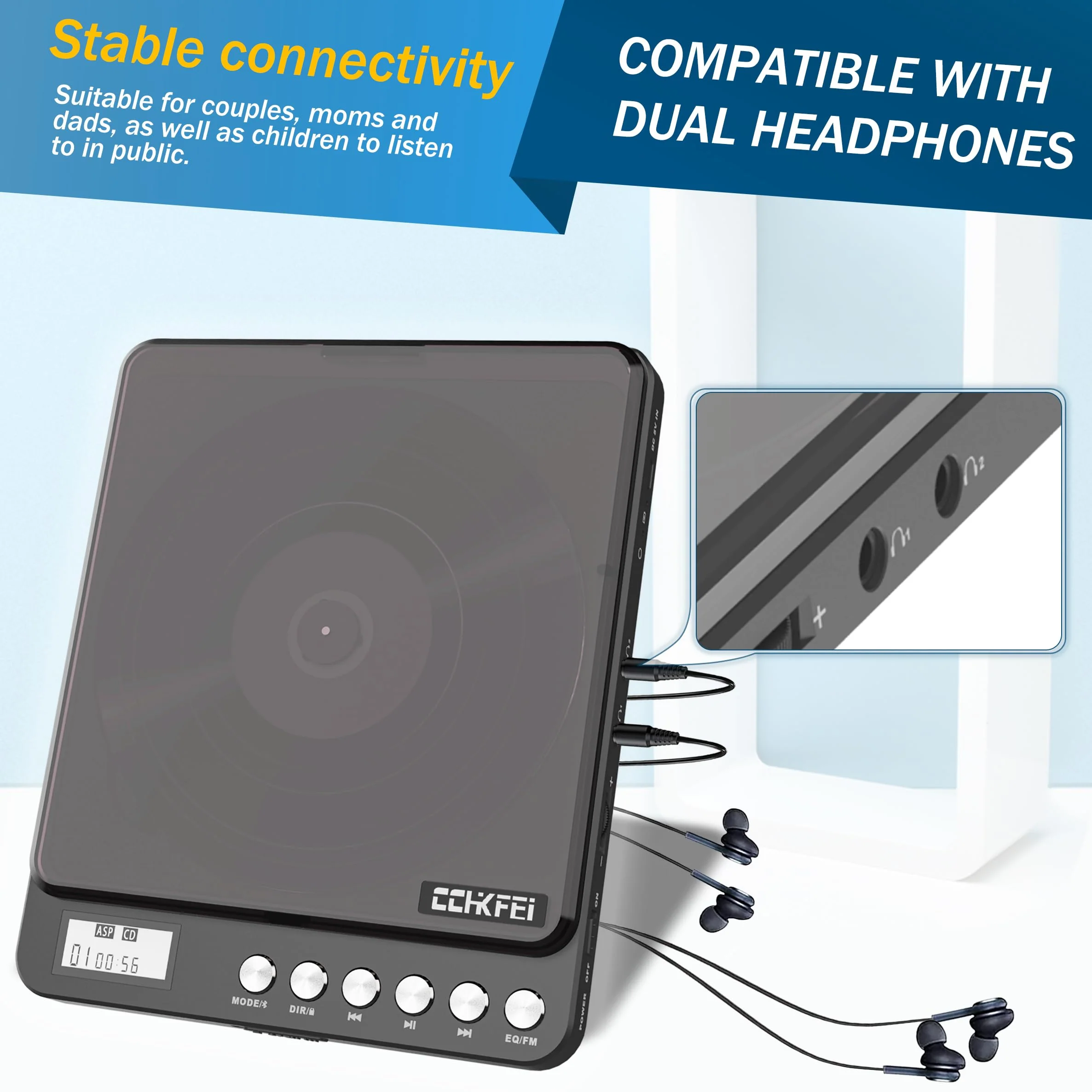 Portable CD Player with Bluetooth and FM Transmitter, 2000mAh Rechargeable Bluetooth CD Players with Speakers Dual Headphones Jack Anti-Skip cd Player for Car Home Adults Kids 766-Bluetooth Black - Image 5