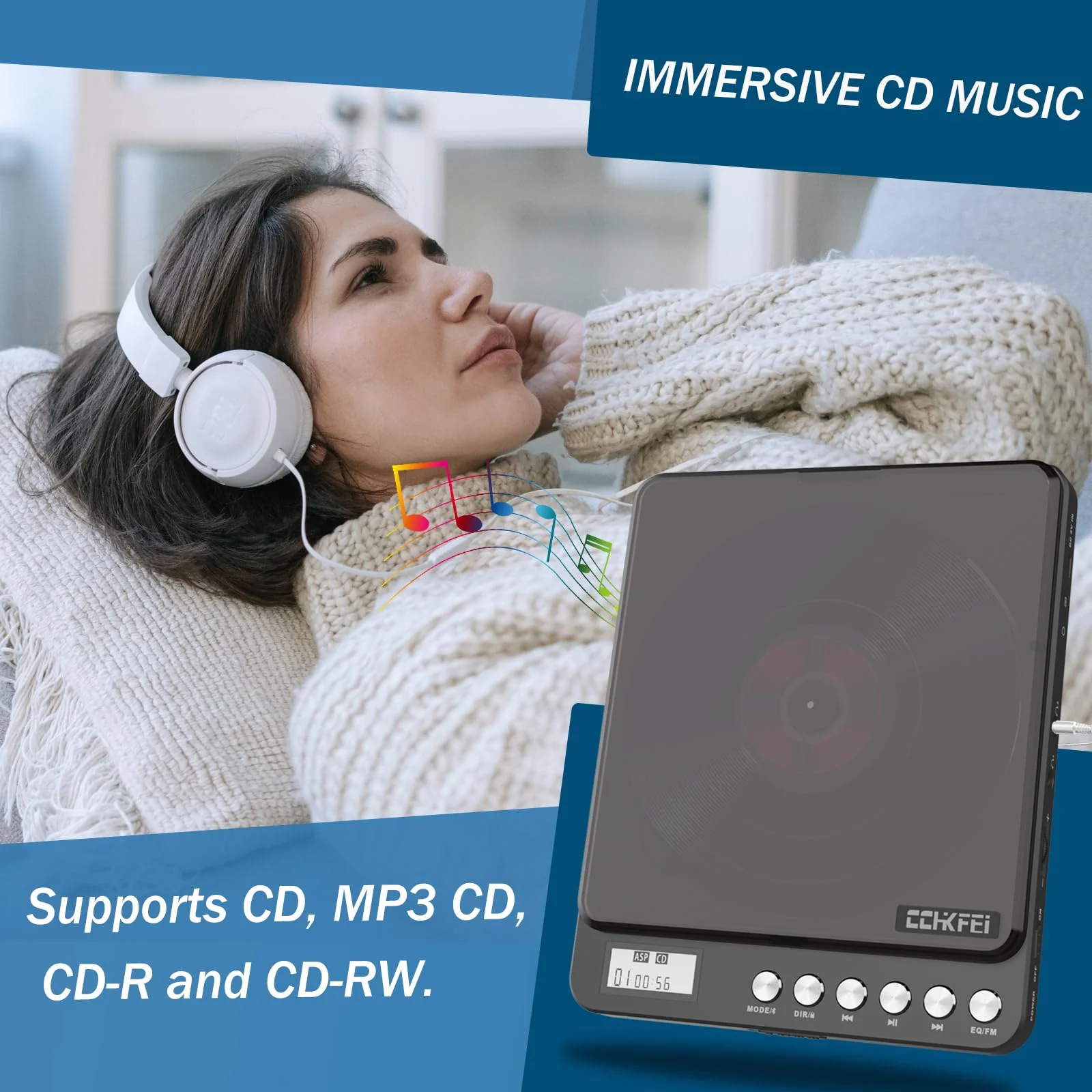 Portable CD Player with Bluetooth and FM Transmitter, 2000mAh Rechargeable Bluetooth CD Players with Speakers Dual Headphones Jack Anti-Skip cd Player for Car Home Adults Kids 766-Bluetooth Black - Image 6