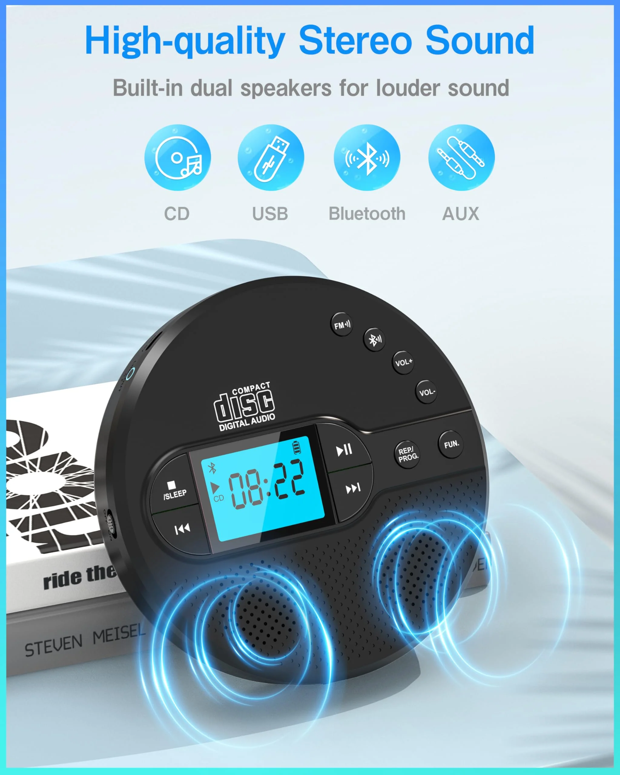 Portable CD Player with Bluetooth, Walkman CD Player with FM Transmitter and Speakers for Car, Rechargeable Discman CD Player with Anti-Skip Protection, Headphones, LCD Display (Black) - Image 2