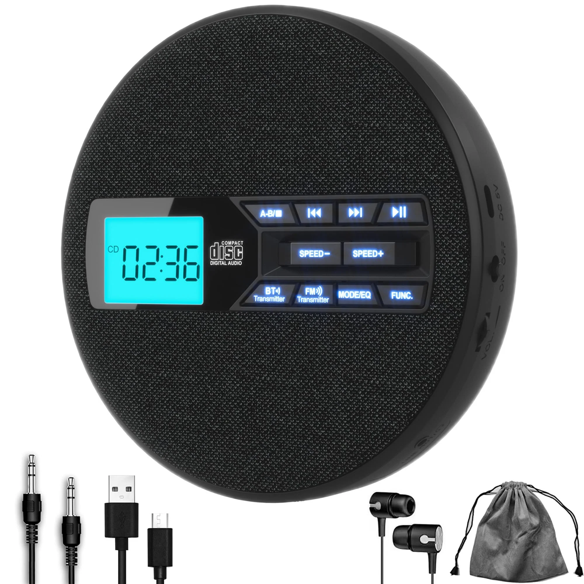 Portable CD Player with Dual Bluetooth, Discman for Car with FM Transmitter, Rechargeable, Dual Speakers and Anti Skip,USB,AUX,LCD Display,Backlit Button,Repeat,10 Speeds Black