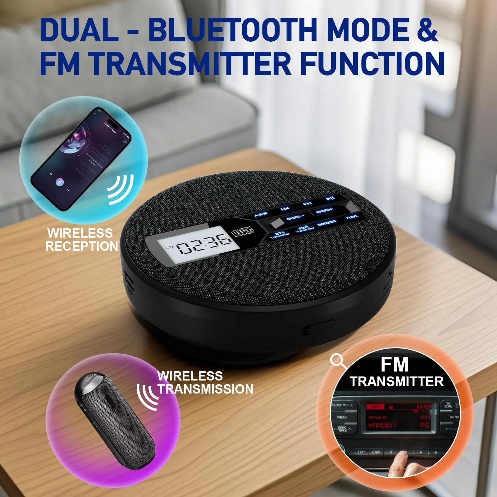 Portable CD Player with Dual Bluetooth, Discman for Car with FM Transmitter, Rechargeable, Dual Speakers and Anti Skip,USB,AUX,LCD Display,Backlit Button,Repeat,10 Speeds Black - Image 4