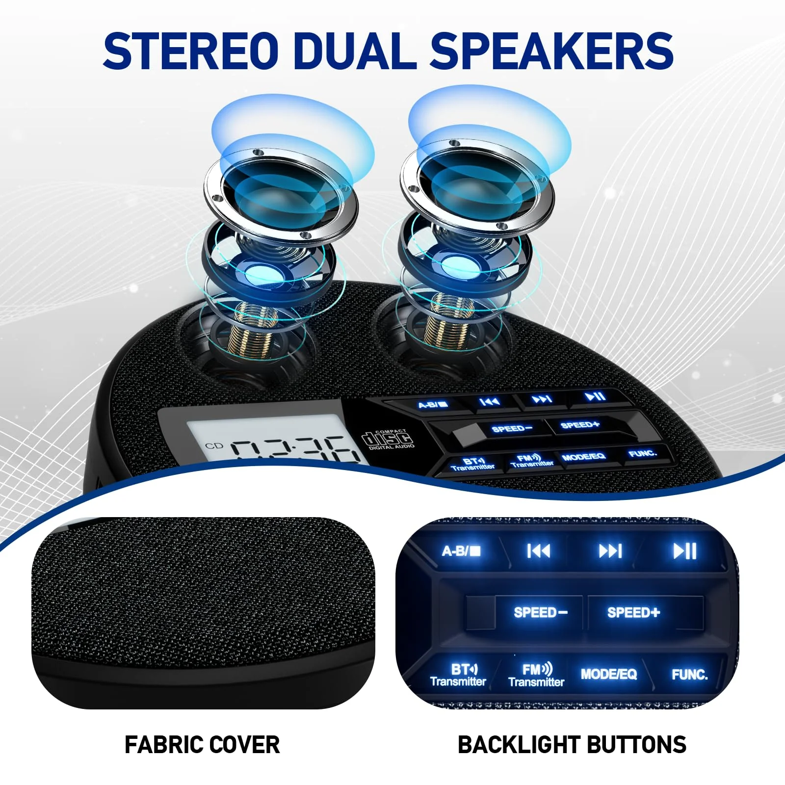 Portable CD Player with Dual Bluetooth, Discman for Car with FM Transmitter, Rechargeable, Dual Speakers and Anti Skip,USB,AUX,LCD Display,Backlit Button,Repeat,10 Speeds Black - Image 5