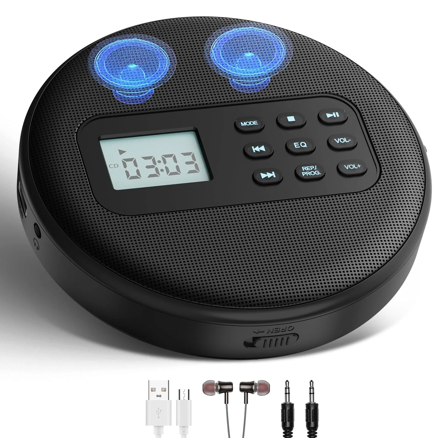 Portable CD Player with Speakers:Rechargeable Walkman CD Player for Car with Anti-Skip Protection,Discman CD Player with Headphones,Plays Recorded MP3/Audiobook/CD/USB with Memory,Backlit.