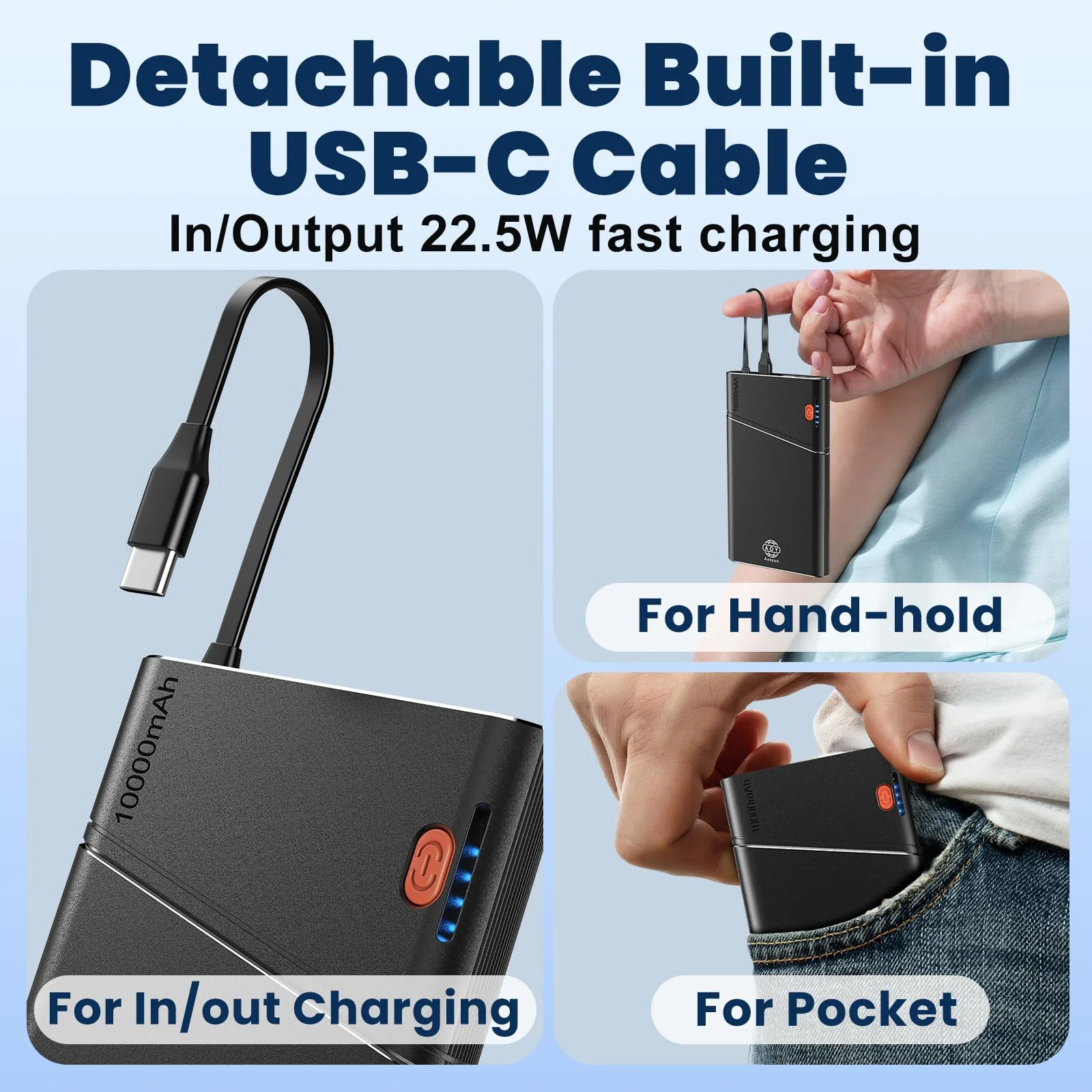 Portable Charger, 22.5W PD Fast Charging 10000mAh Power Bank with Detachable USB C Cable for Travel, Slim Hands-Free External Battery Pack for iPhone 16/15/14 iPad Samsung S24 etc, Black 1 Pack - Image 5