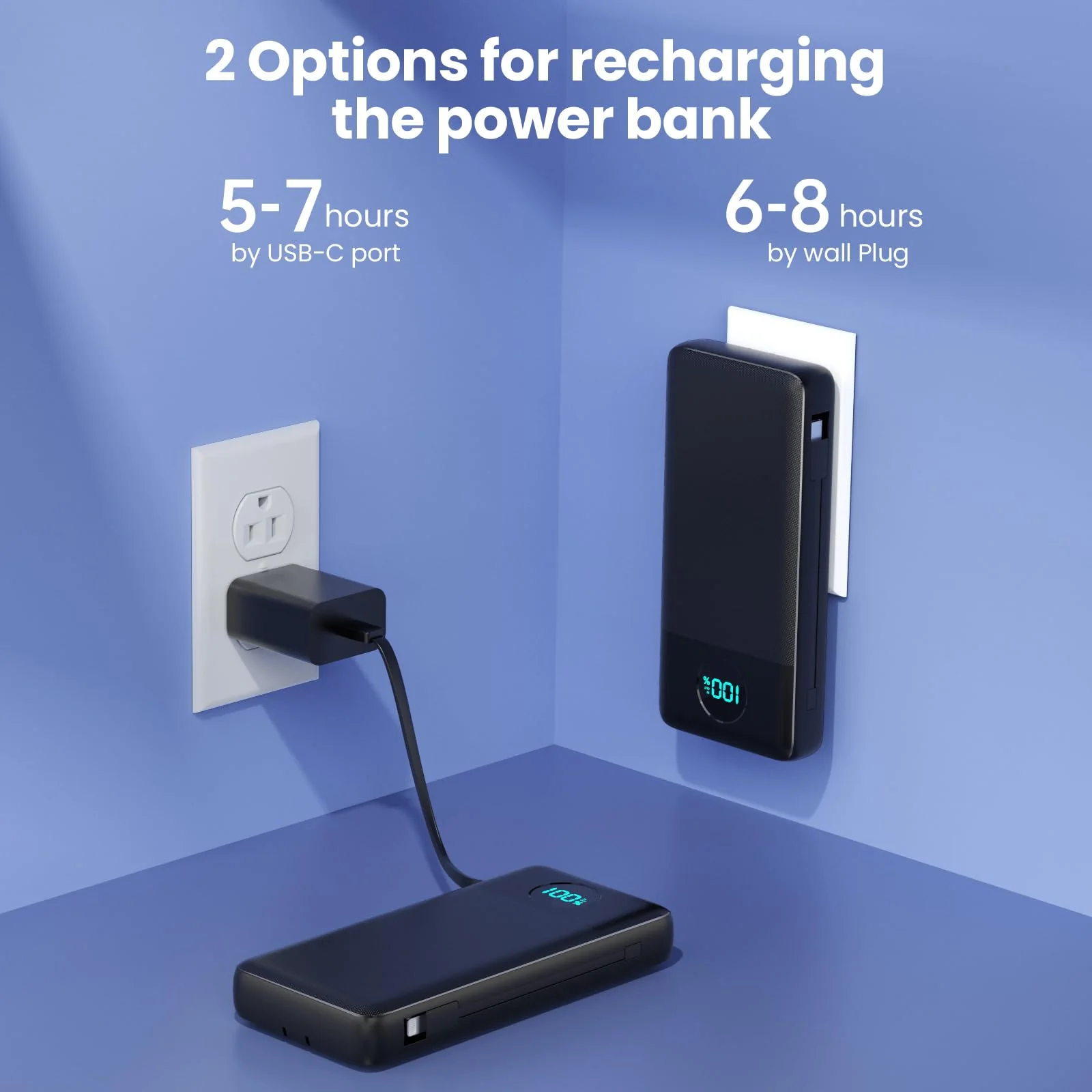 Portable Charger 33800mAh USB C Power Bank with Built-in Cables & AC Wall Plug,25W Fast Charging+QC 4.0 Phone Charger,4 Output LCD Display Battery Pack Compatible with iPhone16/15,Samsung,Android etc Black - Image 4