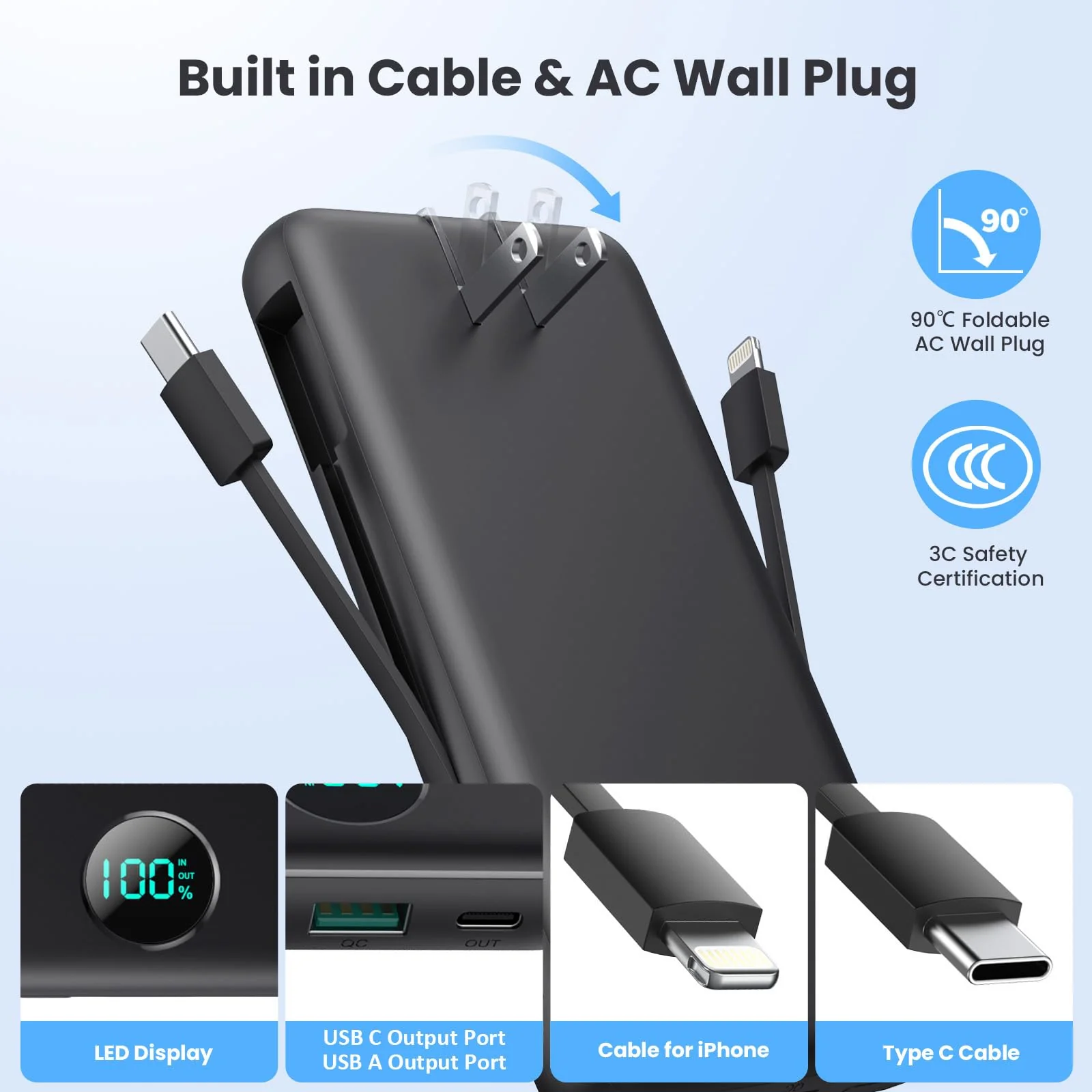 Portable Charger 33800mAh USB C Power Bank with Built-in Cables & AC Wall Plug,25W Fast Charging+QC 4.0 Phone Charger,4 Output LCD Display Battery Pack Compatible with iPhone16/15,Samsung,Android etc Black - Image 5