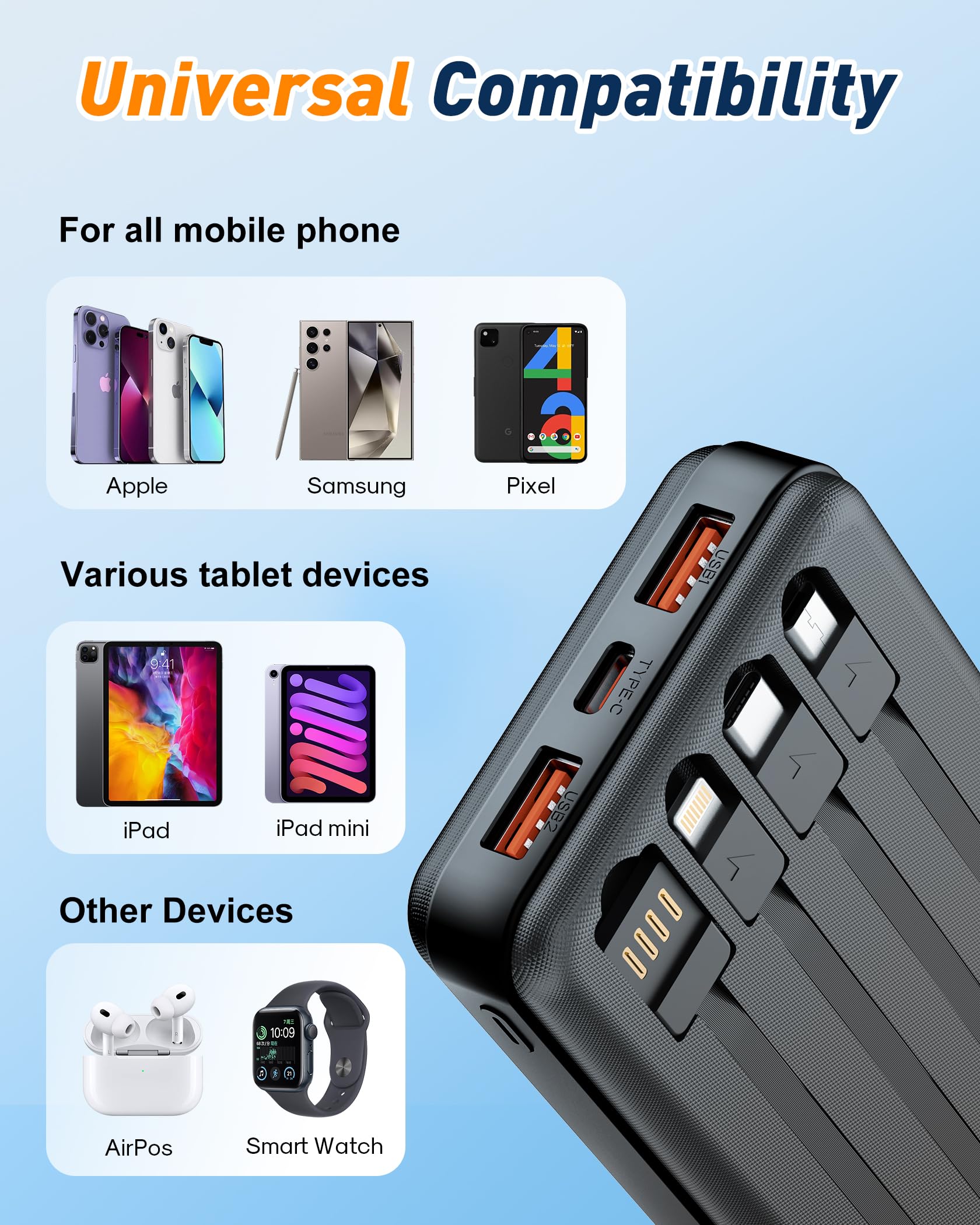 Portable Charger Power Bank - 37000mAh Portable Phone Battery with 4 Built-in Cables, 22.5W Fast Charging Battery Pack Bank Compatible with iPhone 16 15 14 13 Android Samsung Google Pixel etc(1 Pack) Black - Image 5