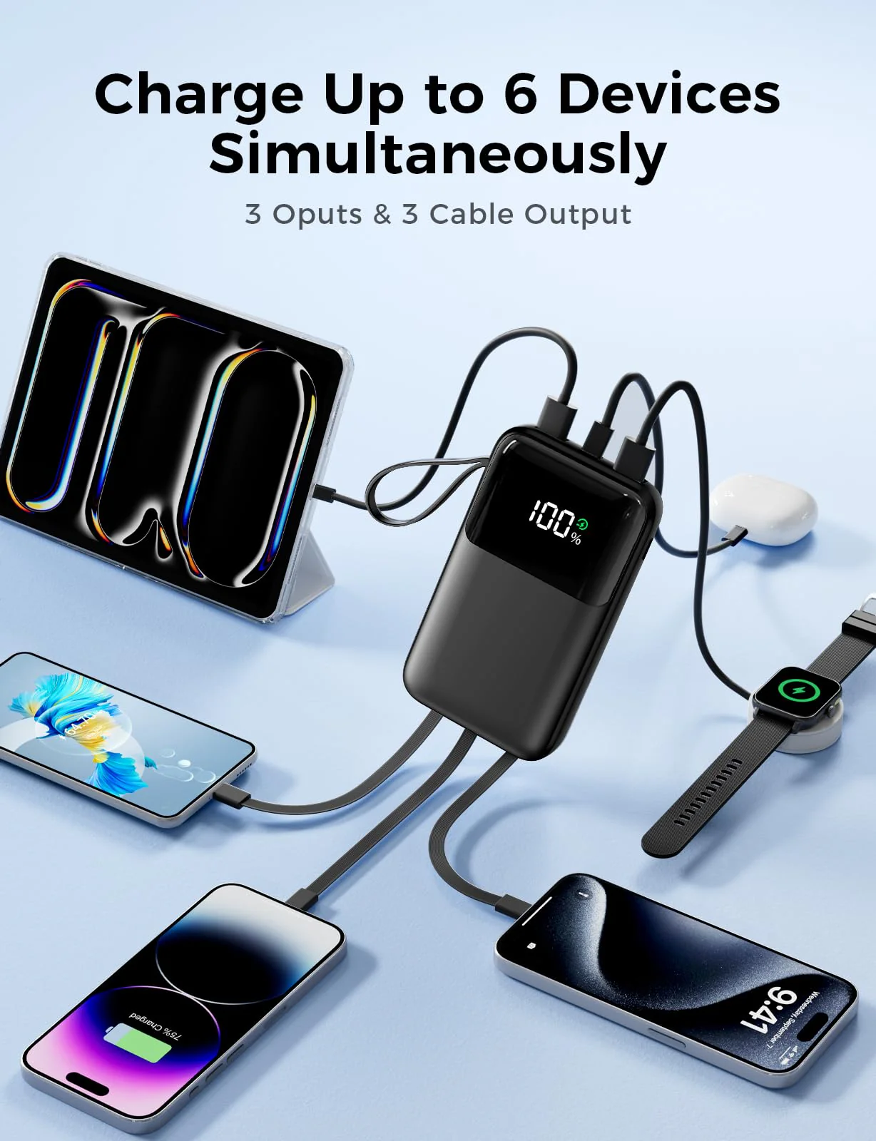 Portable Charger with Built in Cable, 15000mAh Power Bank, 22.5W Fast Charging, 6 Outputs, Slim Travel Essential Battery Pack with LED Display, Compatible with iPhone 16/15/14/13, Samsung, iPad, etc Black - Image 2